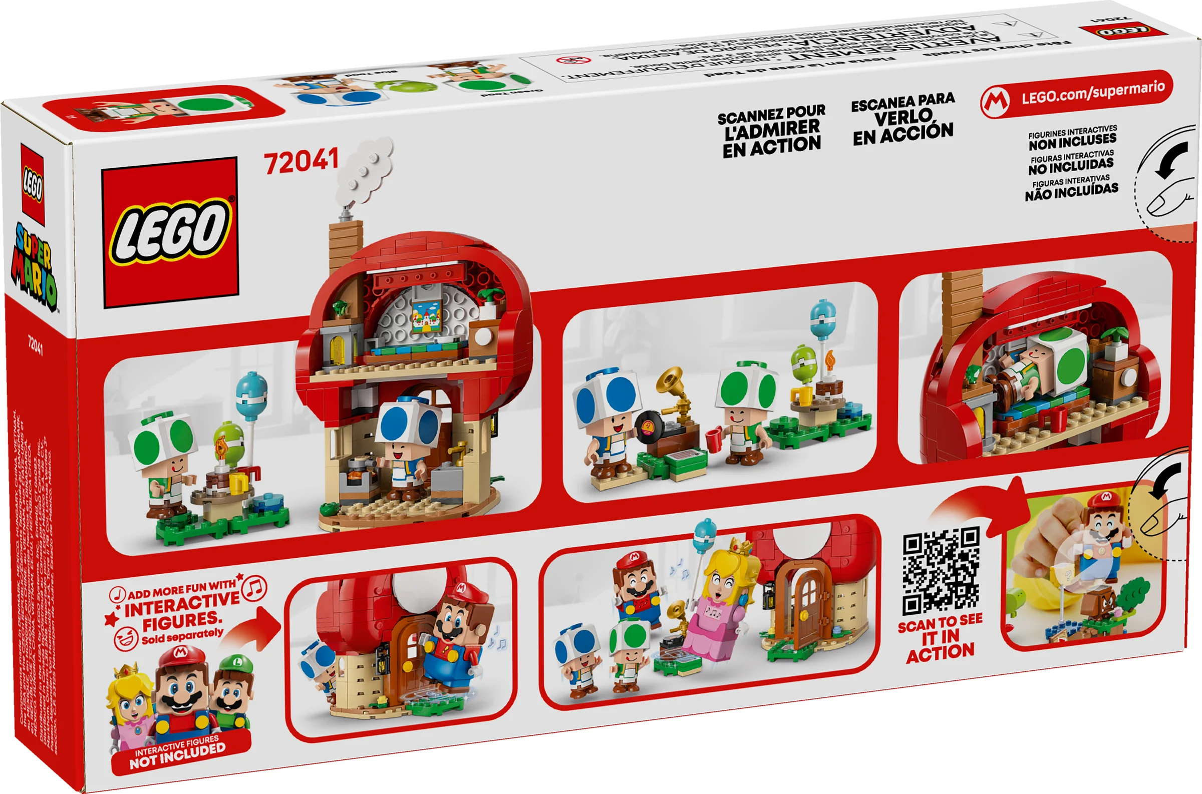 Spatele cutiei setului LEGO 72041 Party at Toad's House, cu detalii despre funcții și minifigurine.
