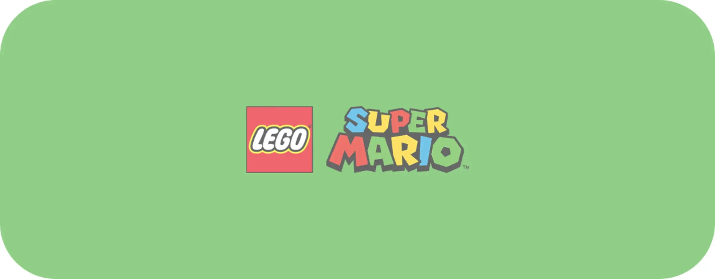 Logo-urile LEGO și Super Mario pe un fundal verde deschis.