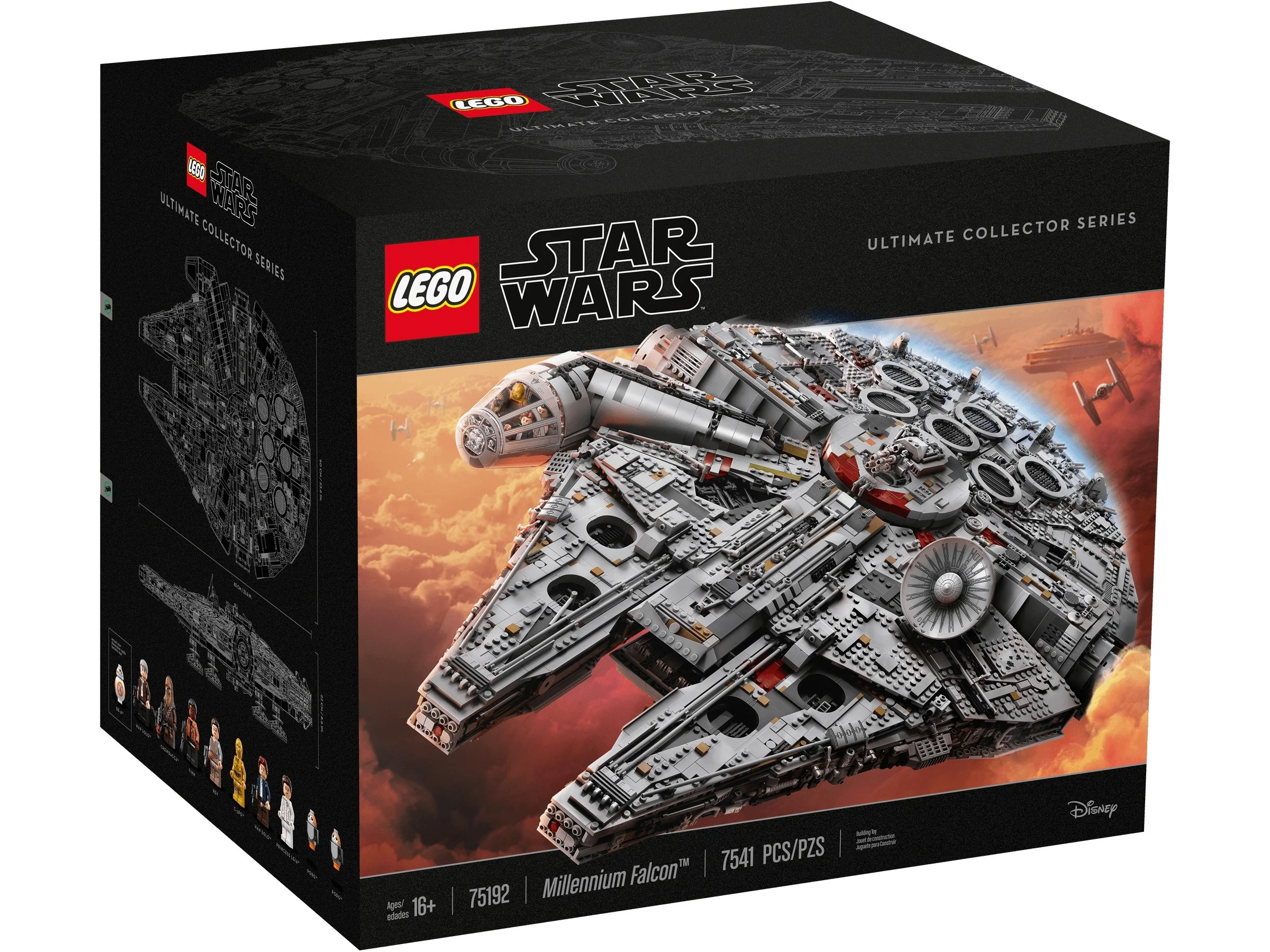 Cutia LEGO 75192 Millennium Falcon, ce prezintă modelul detaliat și minifigurinele incluse.