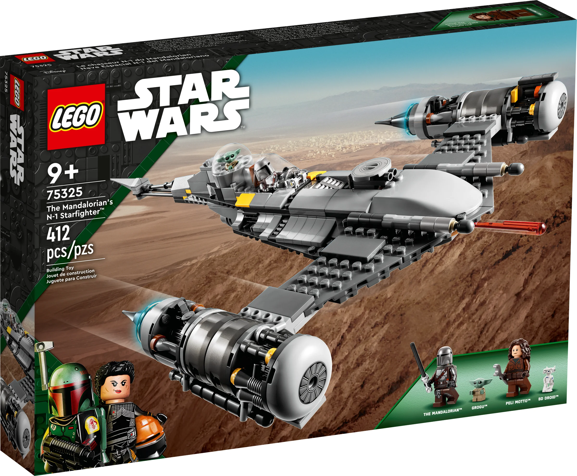 Cutia setului LEGO 75325, cu N-1 Starfighter-ul Mandalorianului și minifigurinele incluse.