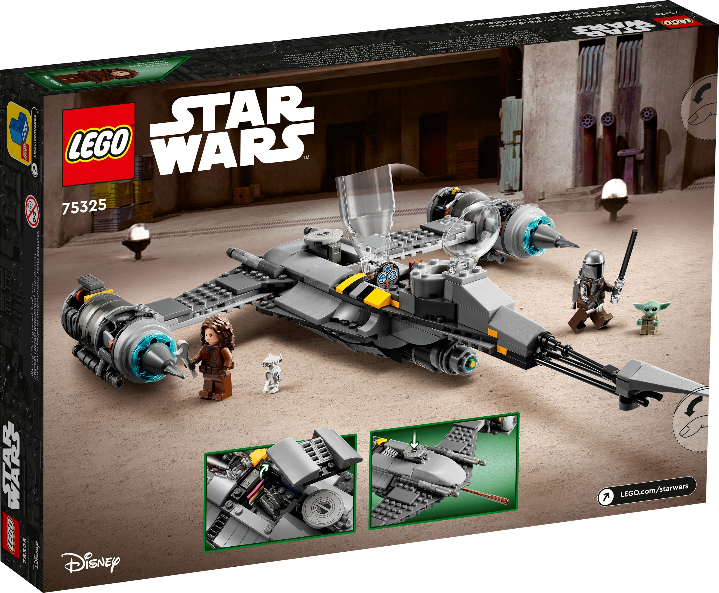 Imagine cu cutia setului LEGO 75325, ce prezintă nava N-1 Starfighter a Mandalorianului și minifigurinele incluse.