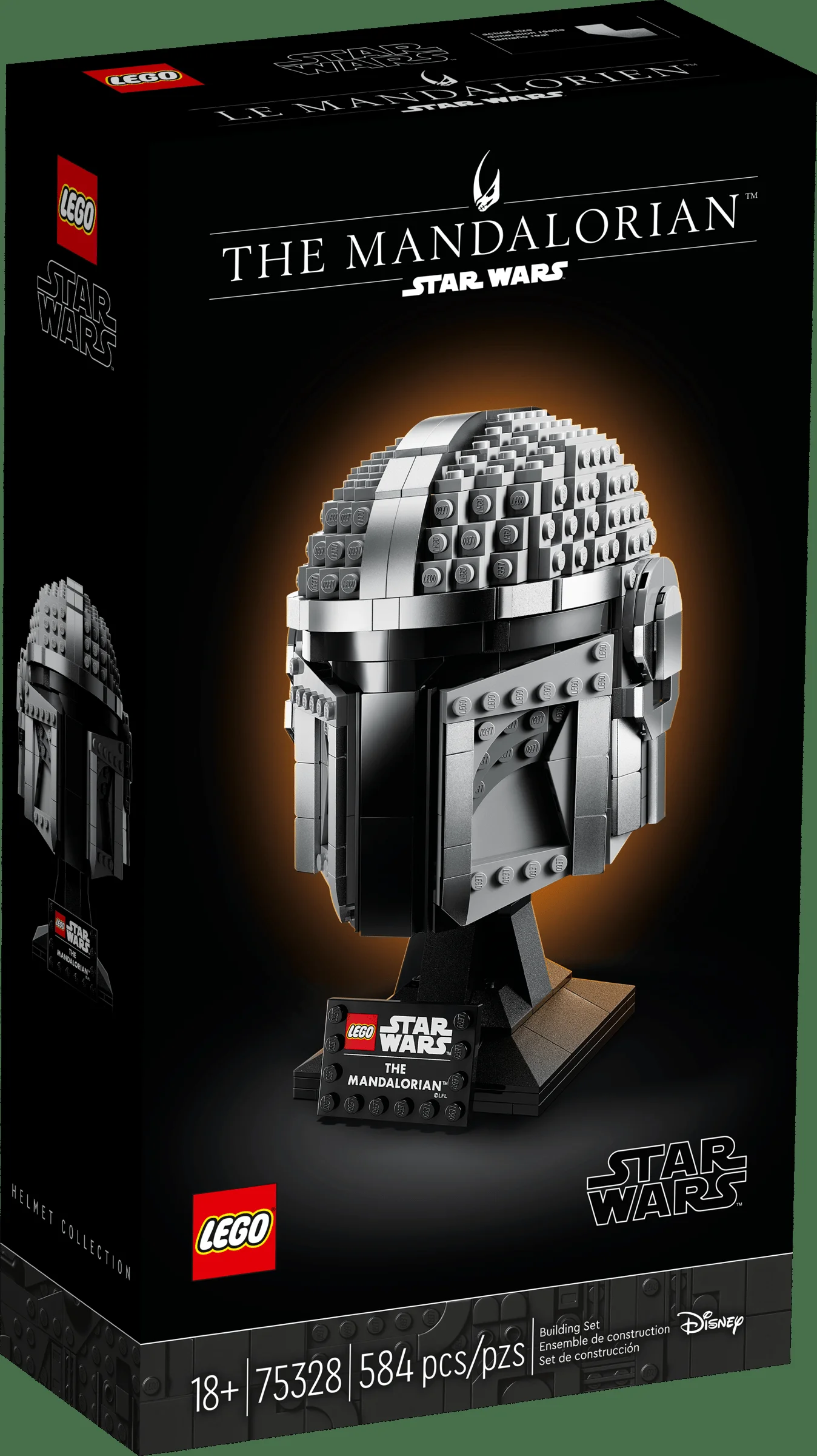 Cutia LEGO cu casca Mandalorian. Aspect detaliat, finisaj premium. Cască de colecție.