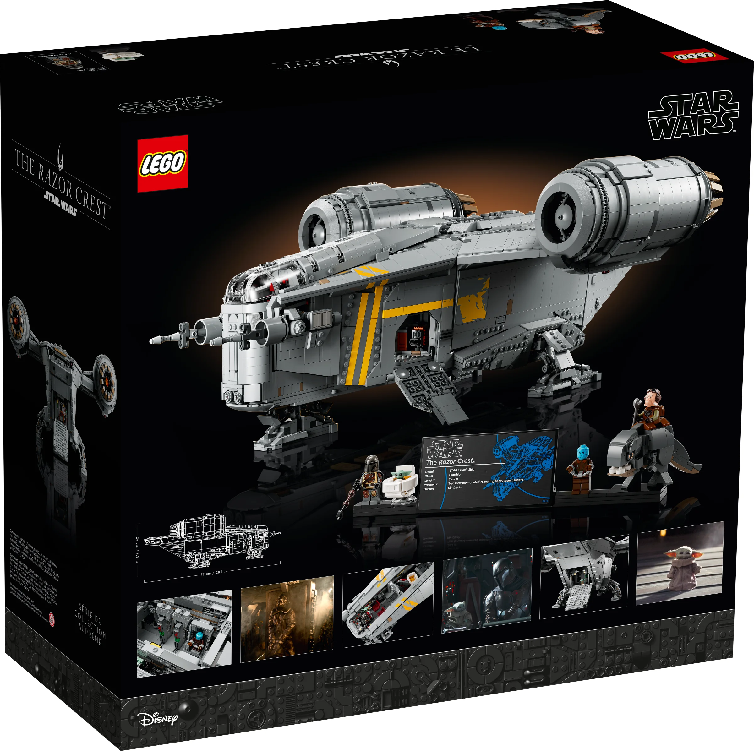 Cutie cu LEGO Star Wars 75331, The Razor Crest, cu imagini detaliate și minifigurine.