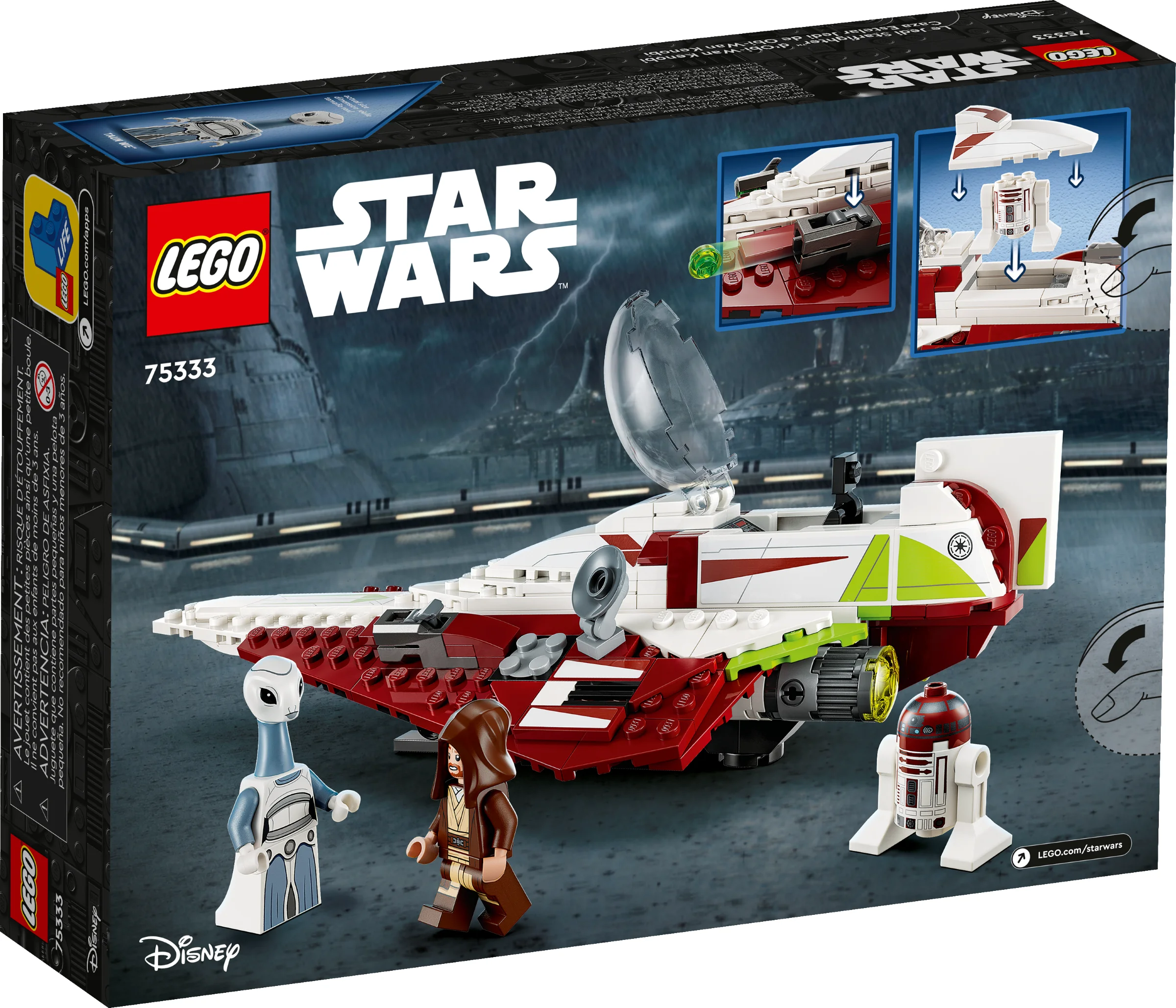 Cutia LEGO 75333 cu nava Jedi a lui Obi-Wan Kenobi, cu minifigurinele incluse.