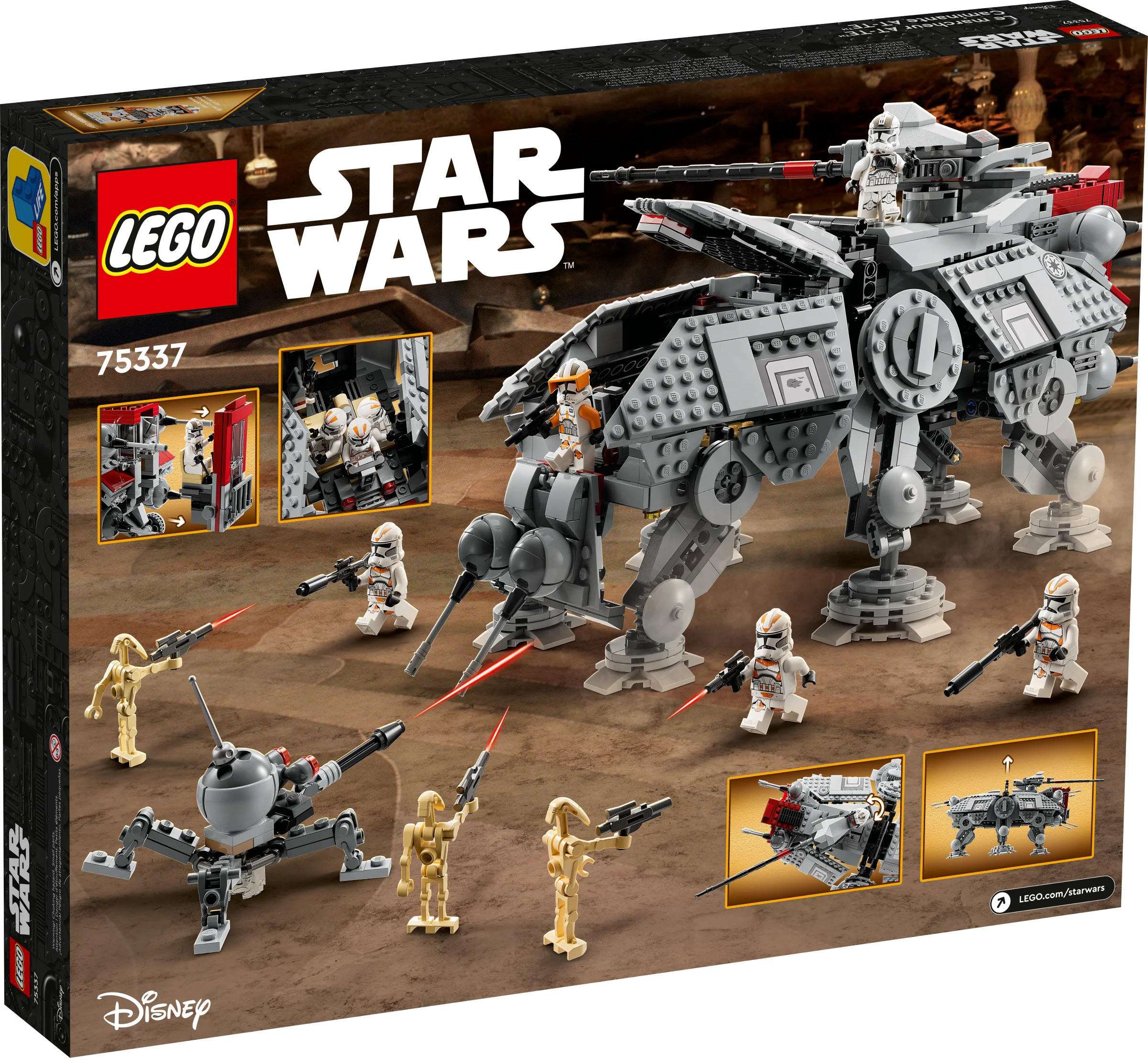 Cutia setului LEGO 75337 AT-TE Walker. Modelul și minifigurinele sunt vizibile.