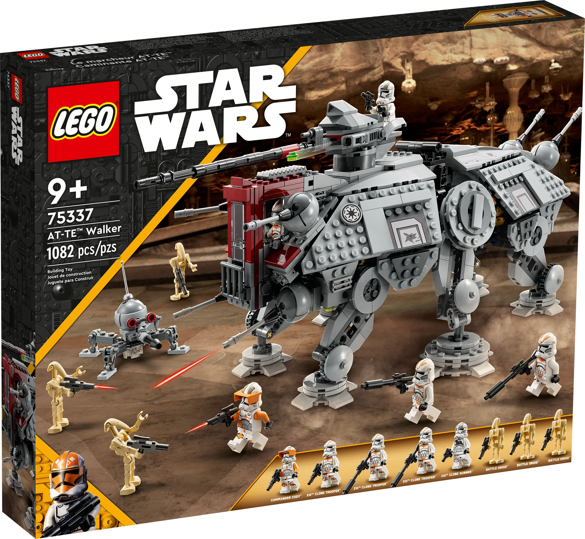 Cutie LEGO 75337 AT-TE Walker. Set Star Wars detaliat, cu minifigurine și walker AT-TE.