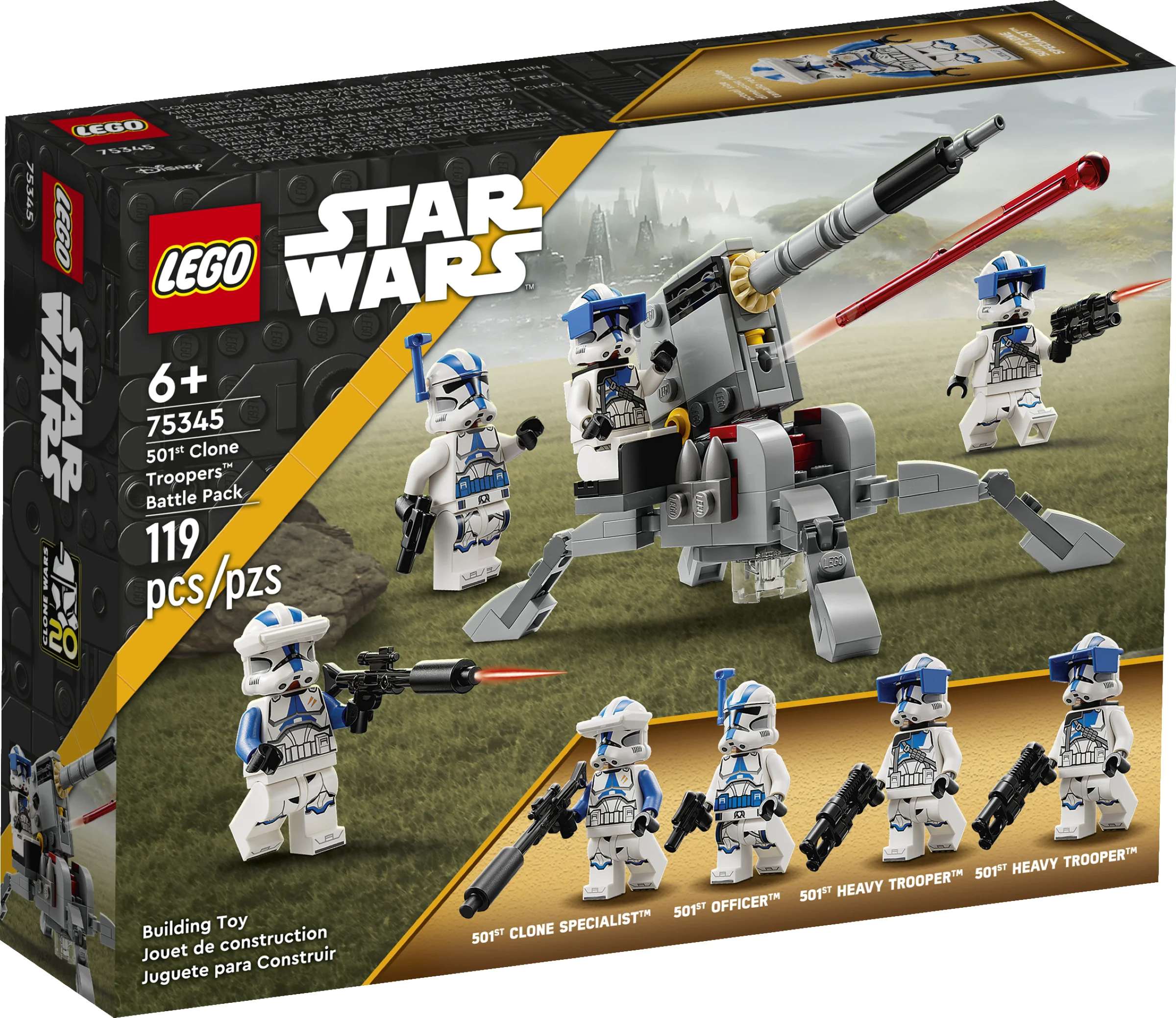 Cutie LEGO 75345, pachet de luptă Clone Troopers 501. Include minifigurine și un vehicul.