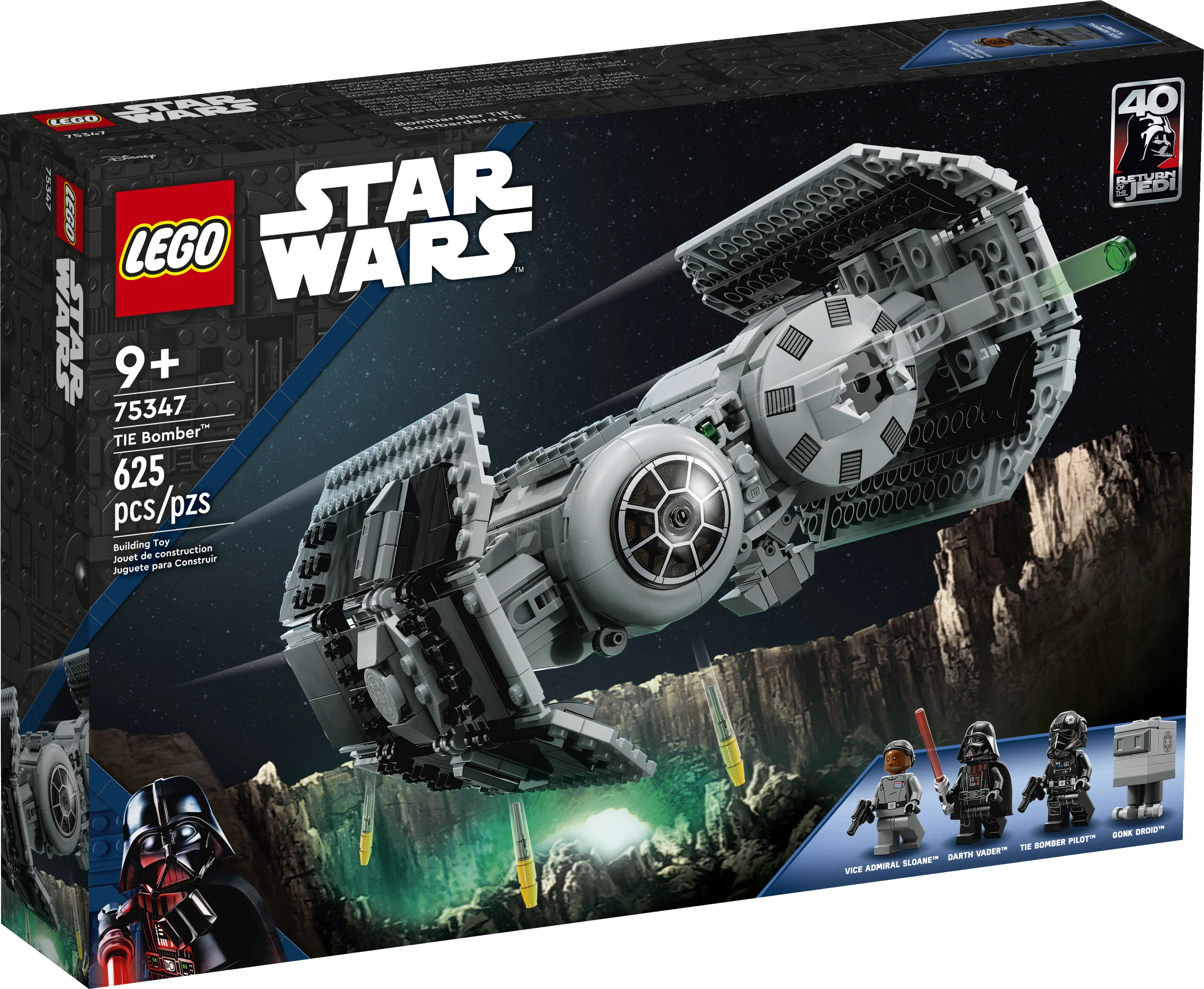 Imagine cu cutia setului LEGO 75347 TIE Bomber, cu minifigurinele incluse și sigla aniversară.