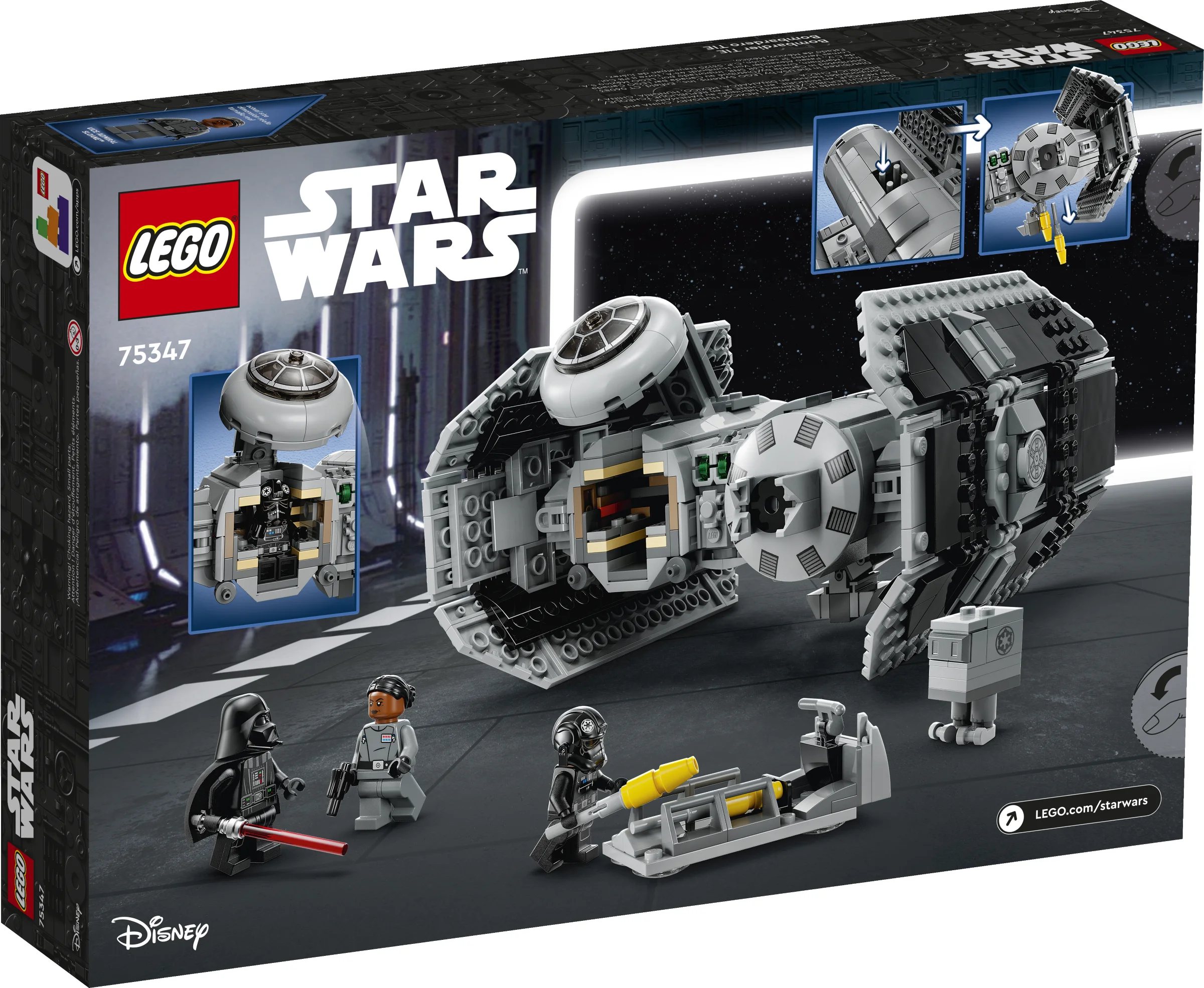 Cutia LEGO Star Wars 75347 TIE Bomber. Modelul, minifigurinele și caracteristicile sunt vizibile.