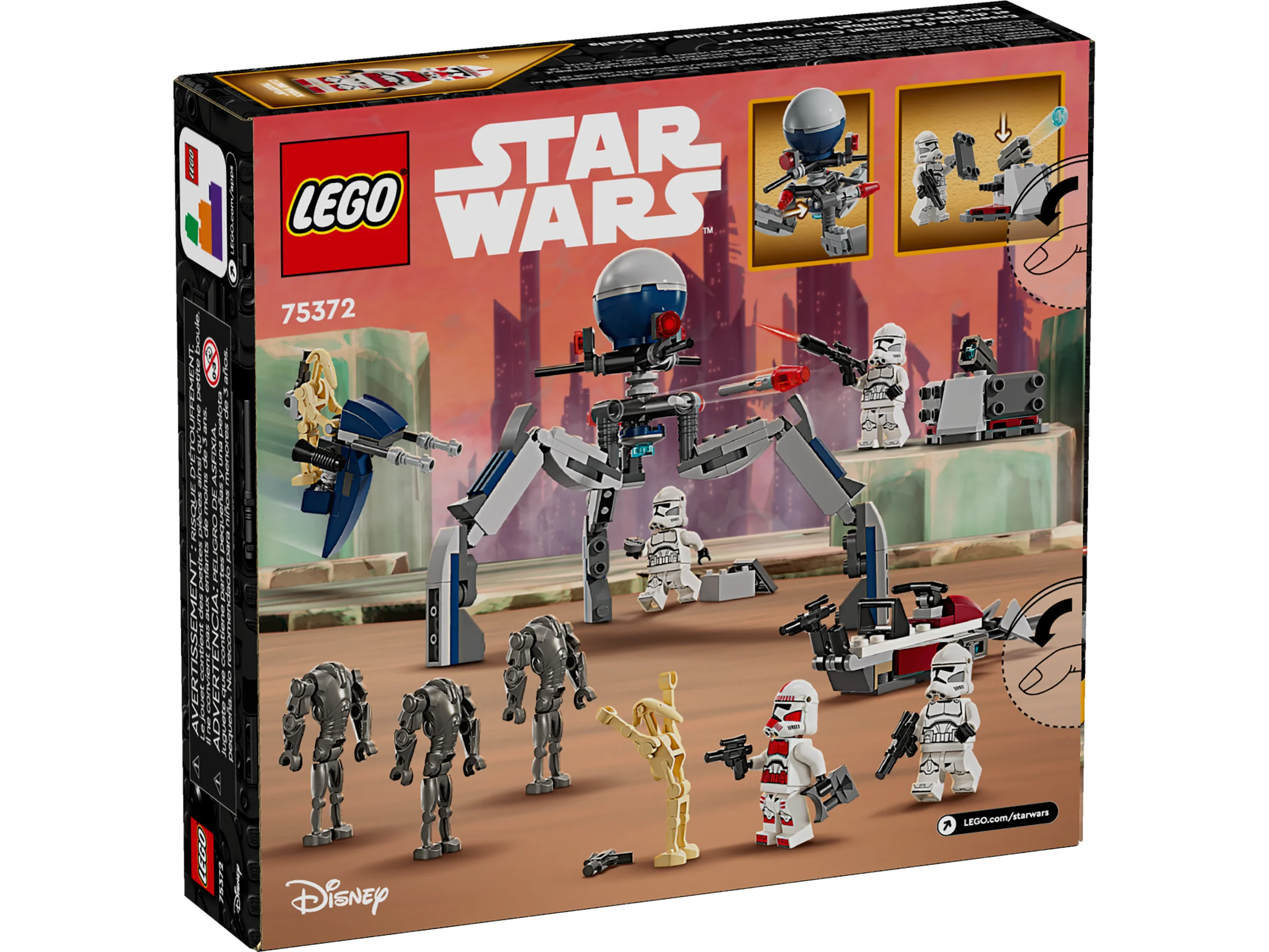 Cutia setului LEGO Star Wars 75372, cu Clone Trooper și Battle Droid. Imagine cu minifigurine și vehicule.