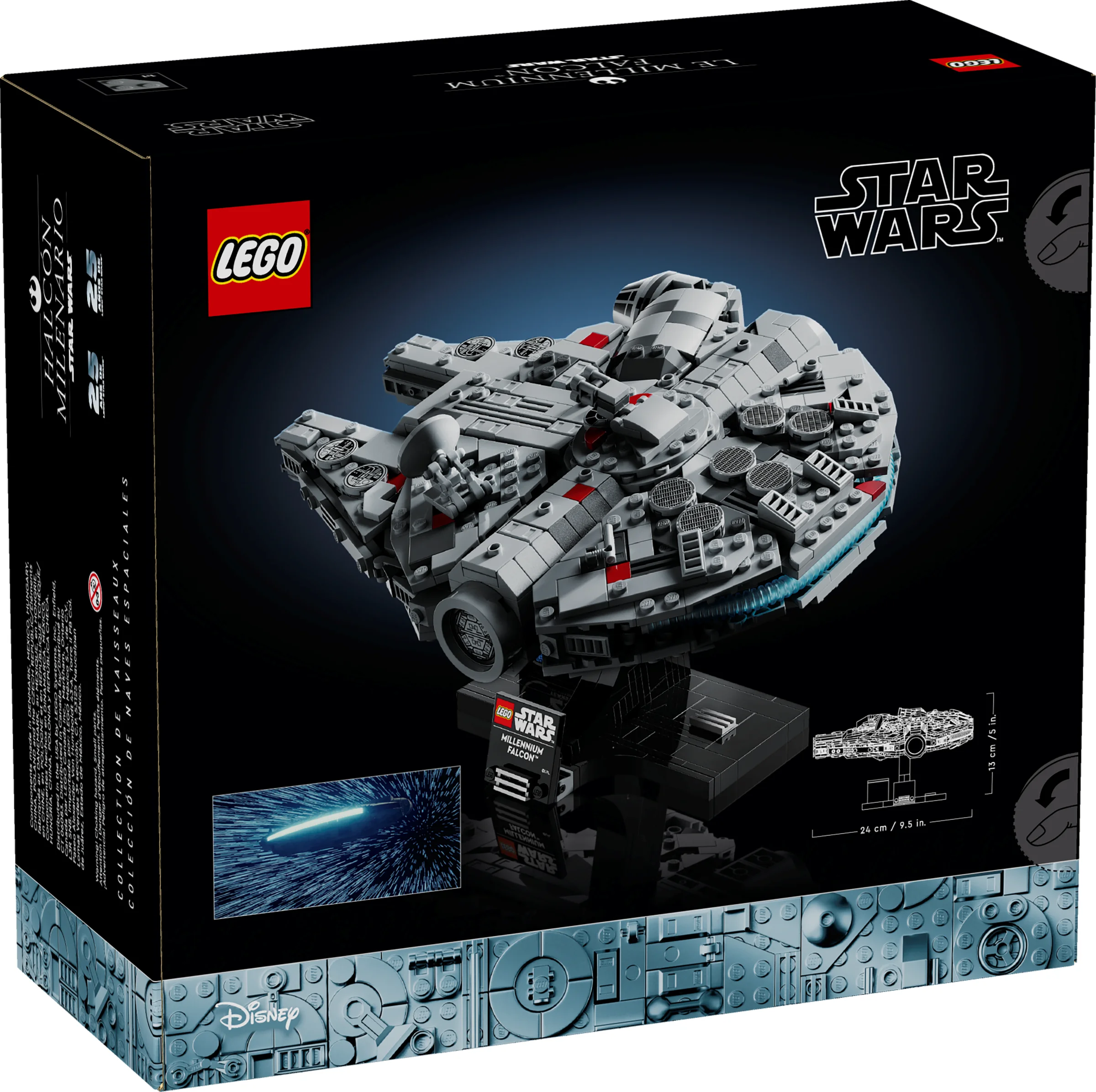 Cutia LEGO 75375 Millennium Falcon prezintă modelul finalizat și detalii despre dimensiuni.
