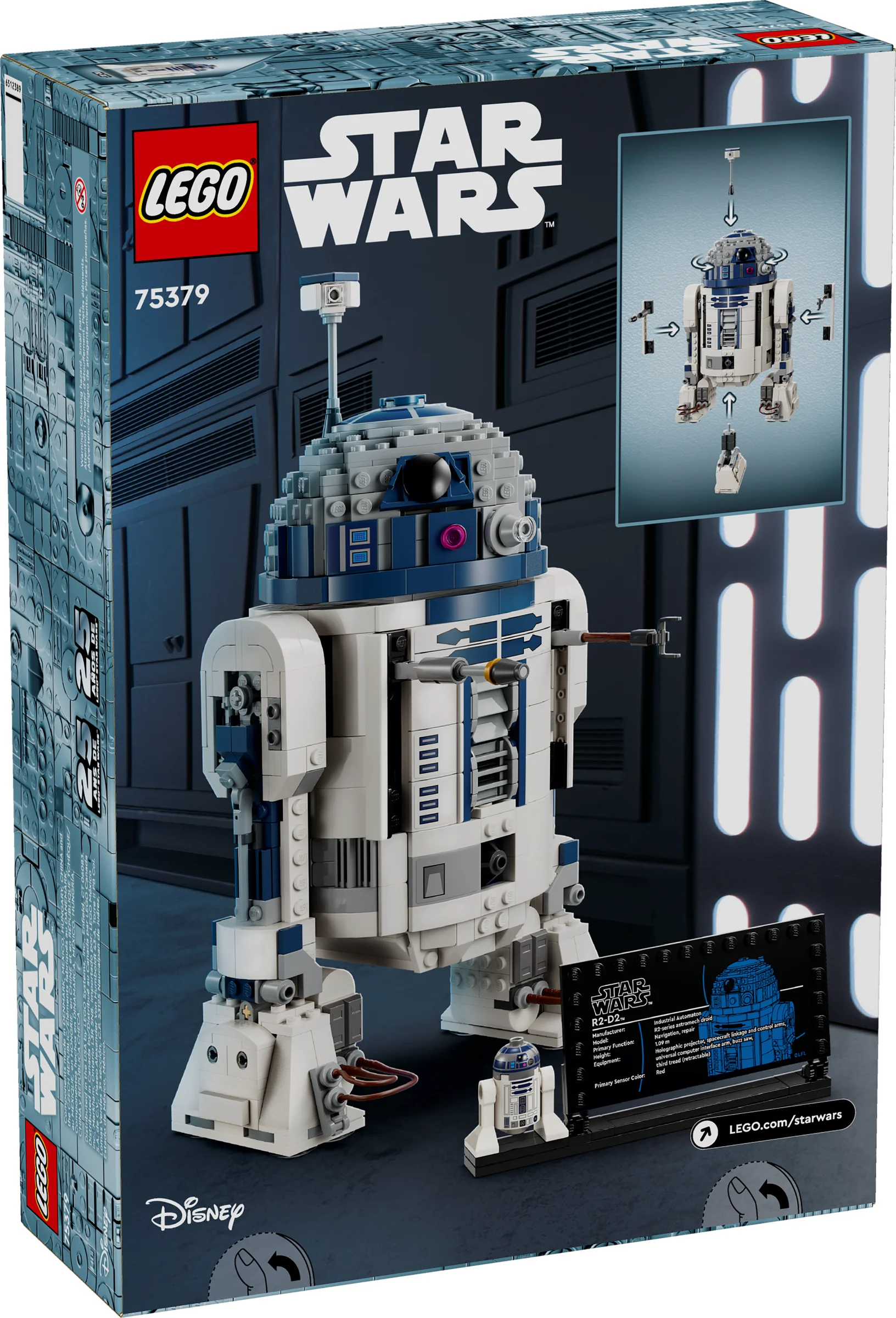 Cutia setului LEGO Star Wars 75379 R2-D2. Modelul este prezentat alături de detalii și funcții.