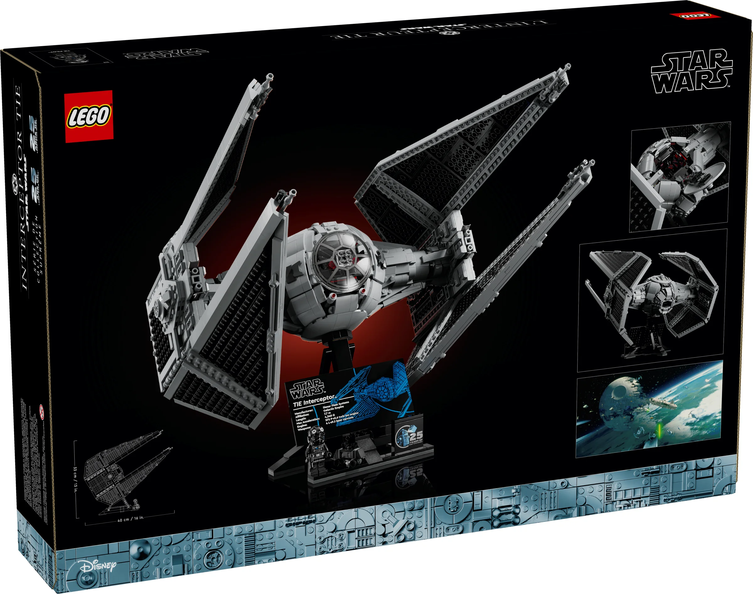 Imagine cu cutia setului LEGO 75382 TIE Interceptor, cu detaliile modelului și ale cutiei.
