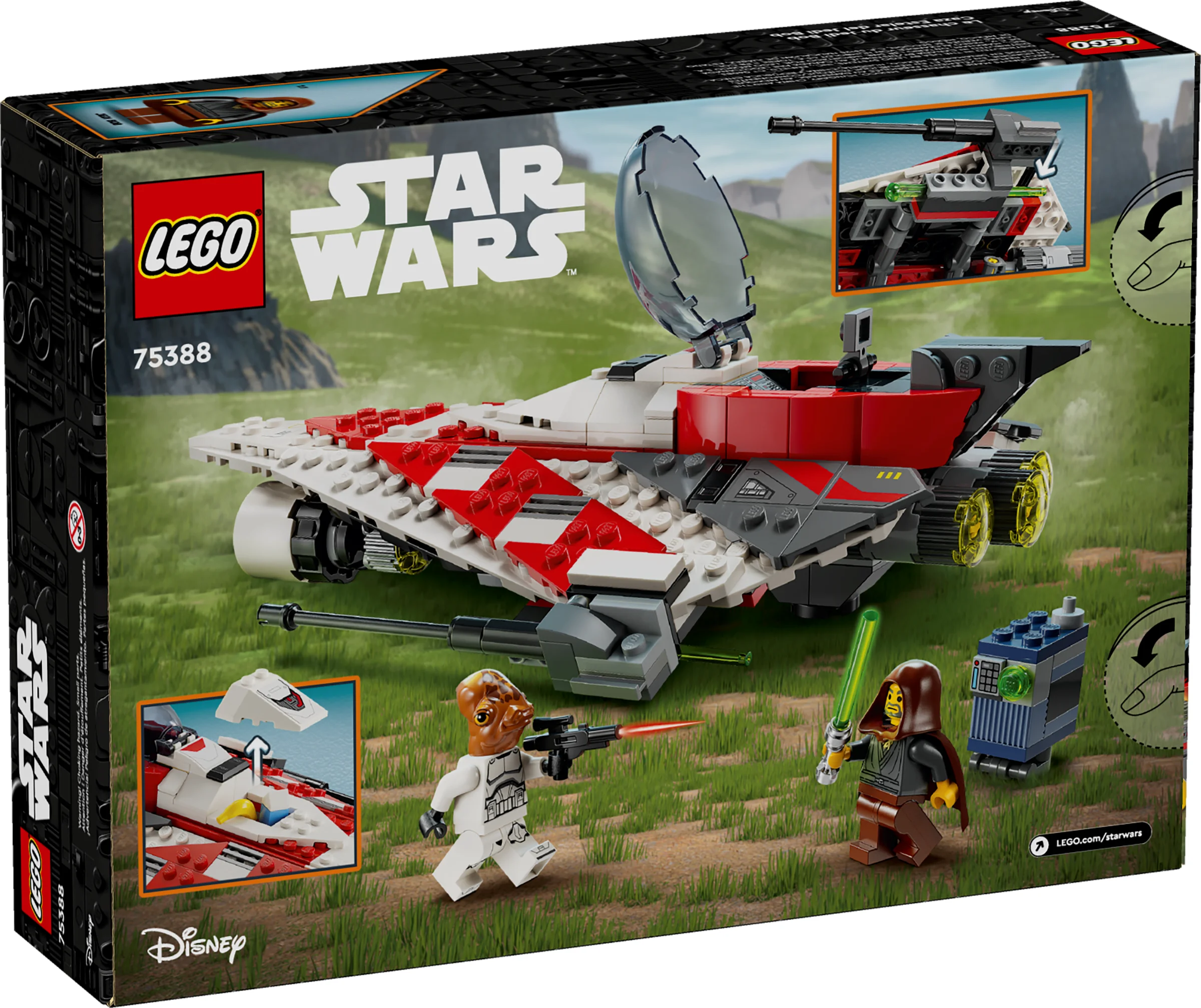 Imagine cu cutia setului LEGO Star Wars 75388, cu nava și minifigurinele Jedi Bob.