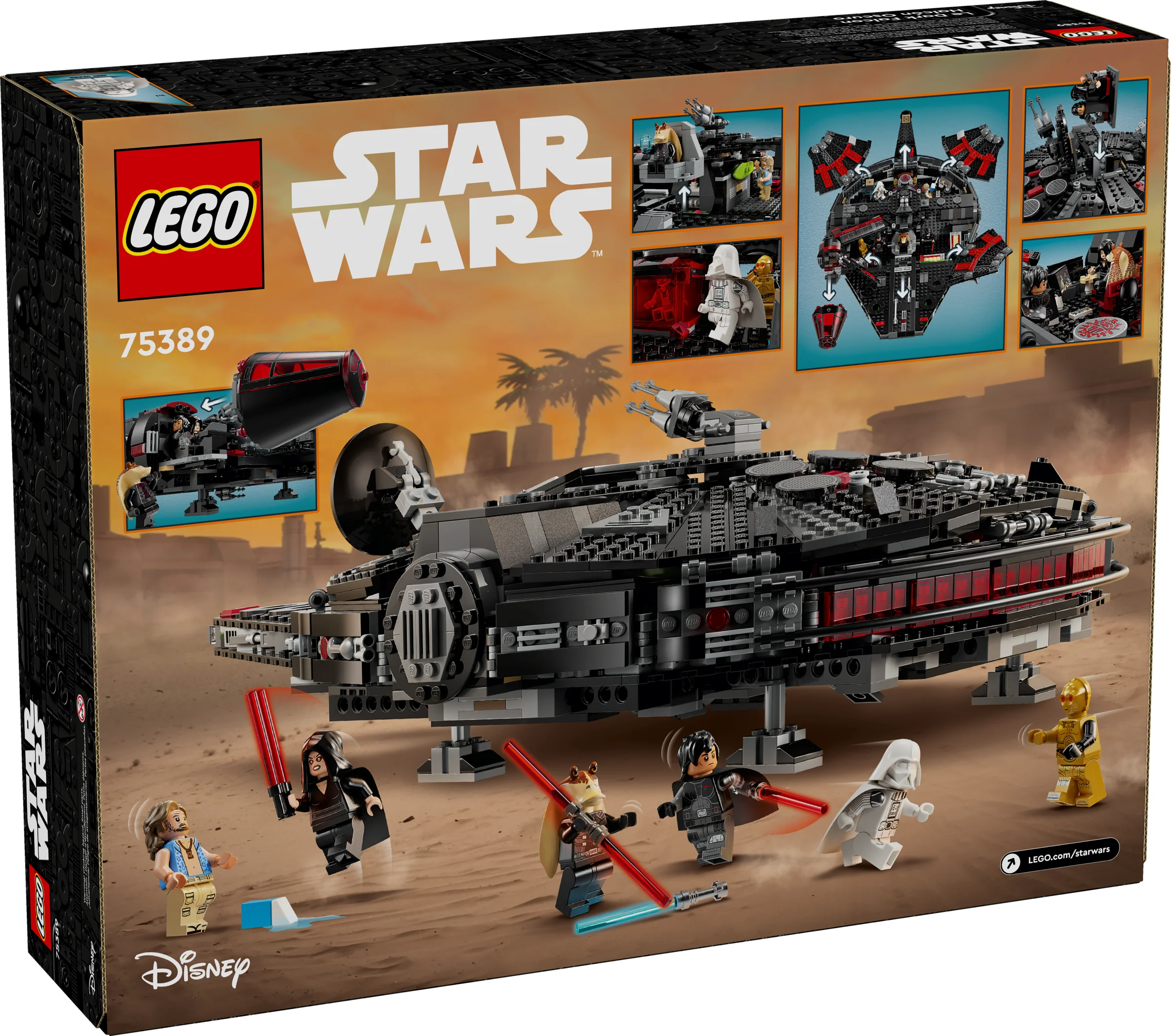 Cutia setului LEGO Star Wars 75389, prezentând nava Întunecată Falcon și minifigurinele incluse.