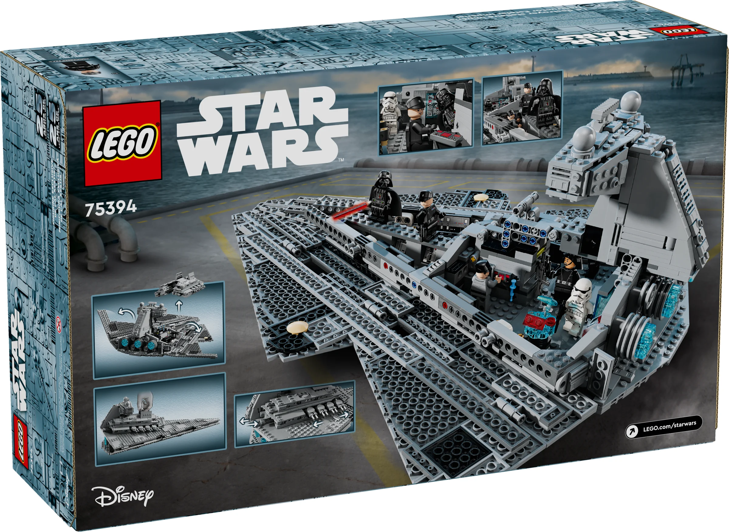 Cutia LEGO 75394 Imperial Star Destroyer, cu modelul și minifigurinele incluse. O imagine detaliată.