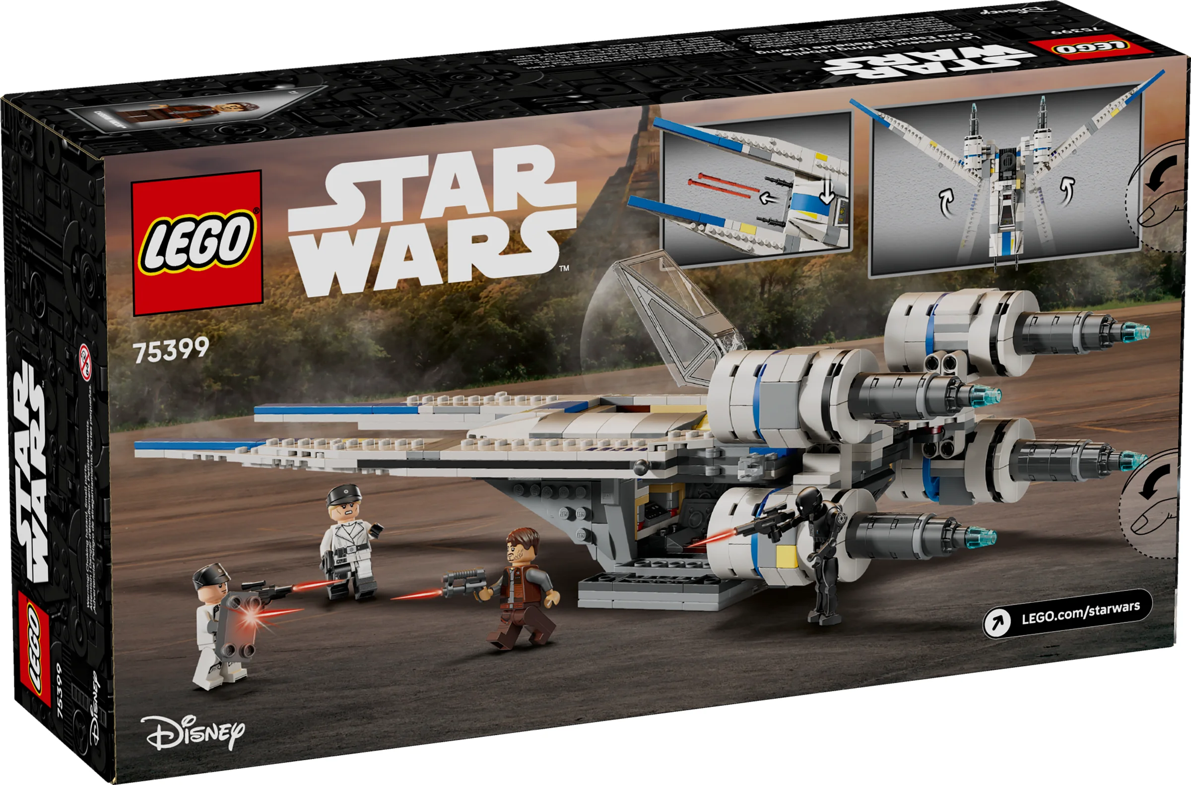 Cutia LEGO Star Wars 75399, cu U-wing și minifigurine. Avertisment: pericol de sufocare, piese mici.