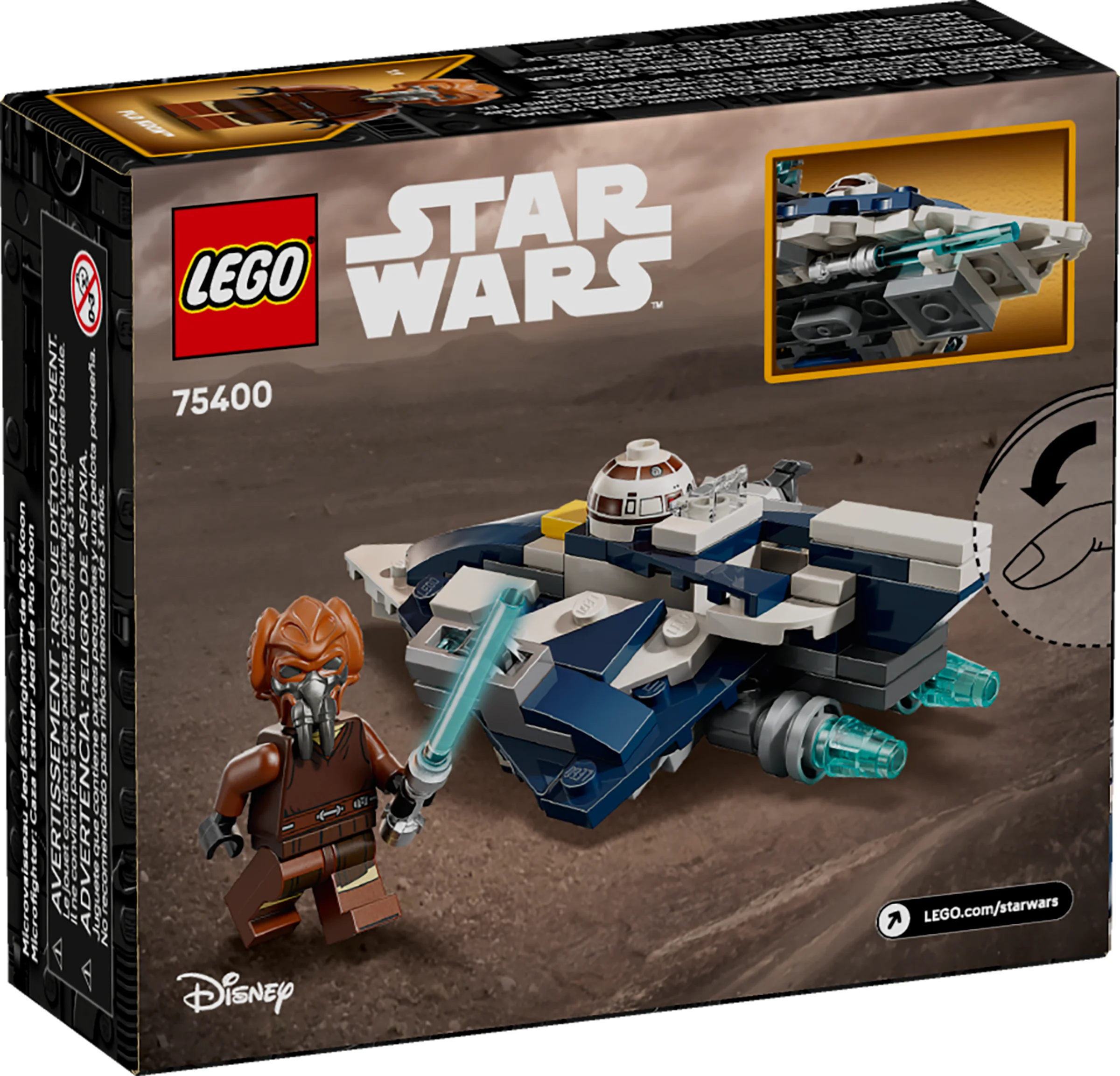 Cutia setului LEGO 75400, cu minifigurina Plo Koon și modelul Starfighter.