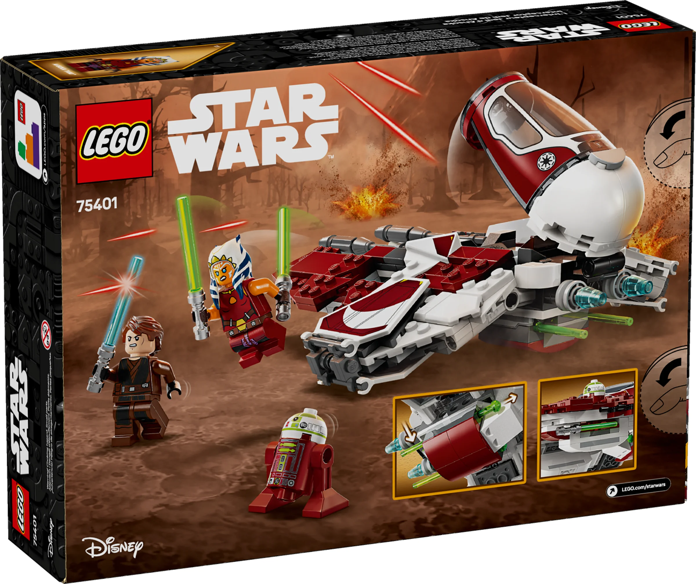 Cutia setului LEGO 75401 Ahsoka's Jedi Interceptor, cu minifigurinele și nava prezentate detaliat.