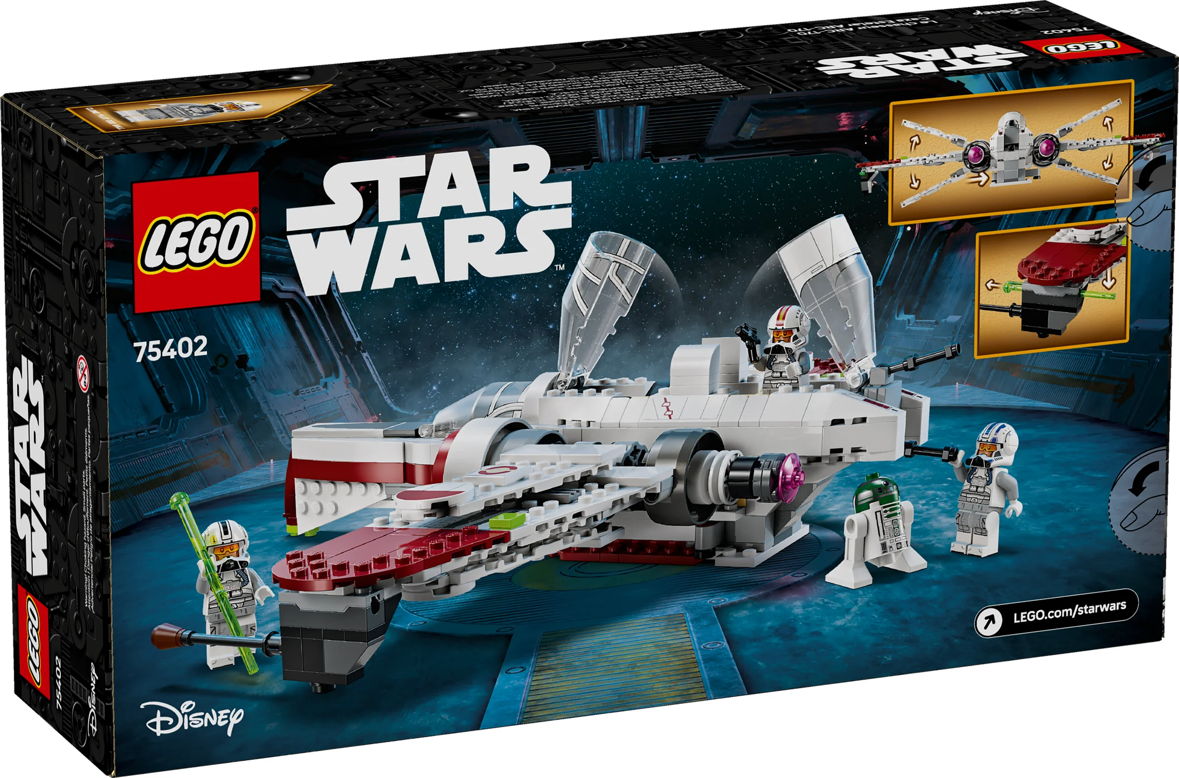 Cutia setului LEGO Star Wars 75402 ARC-170 Starfighter, cu modelul și minifigurinele prezentate.