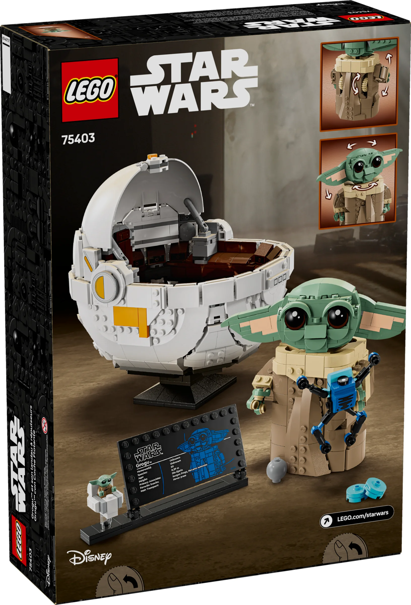Cutia LEGO 75403 cu Grogu și landoul său. Detalii produs, logo-uri, informații.