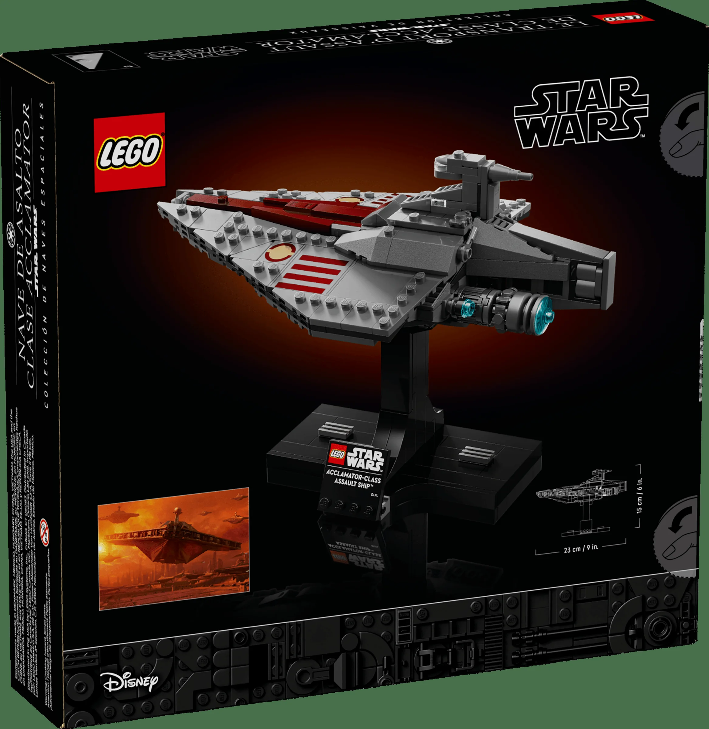 Cutia LEGO 75404 Acclamator-class Assault Ship, prezentând modelul asamblat pe suport.