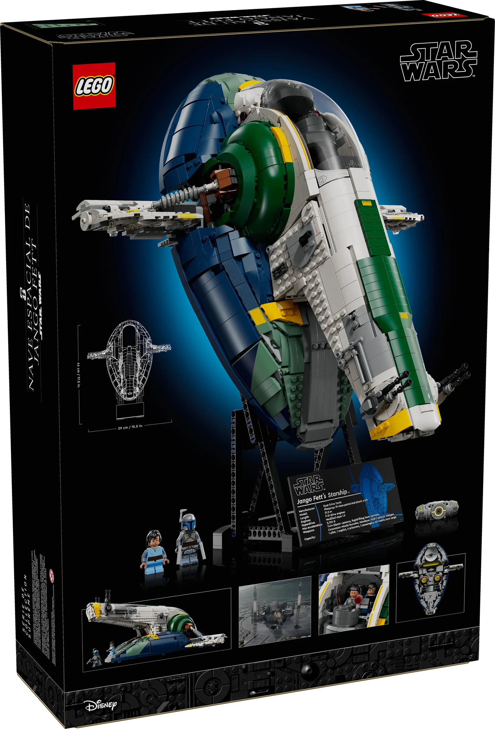 Cutia LEGO Star Wars 75409, cu nava lui Jango Fett pe suport, plus minifigurinele.