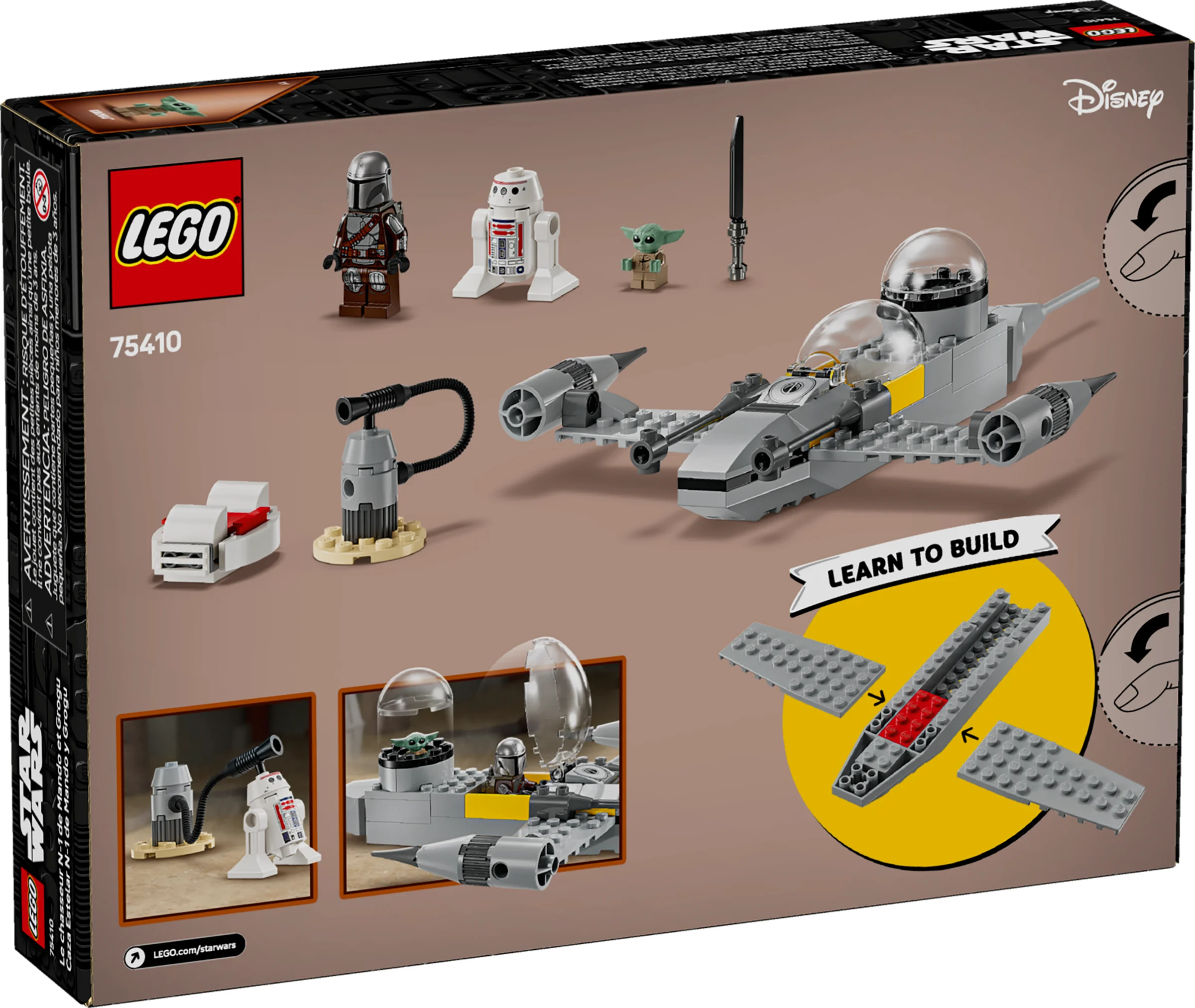 Cutie LEGO 75410, cu minifigurinele Mando și Grogu, și Nava N-1 Starfighter Star Wars detaliată.