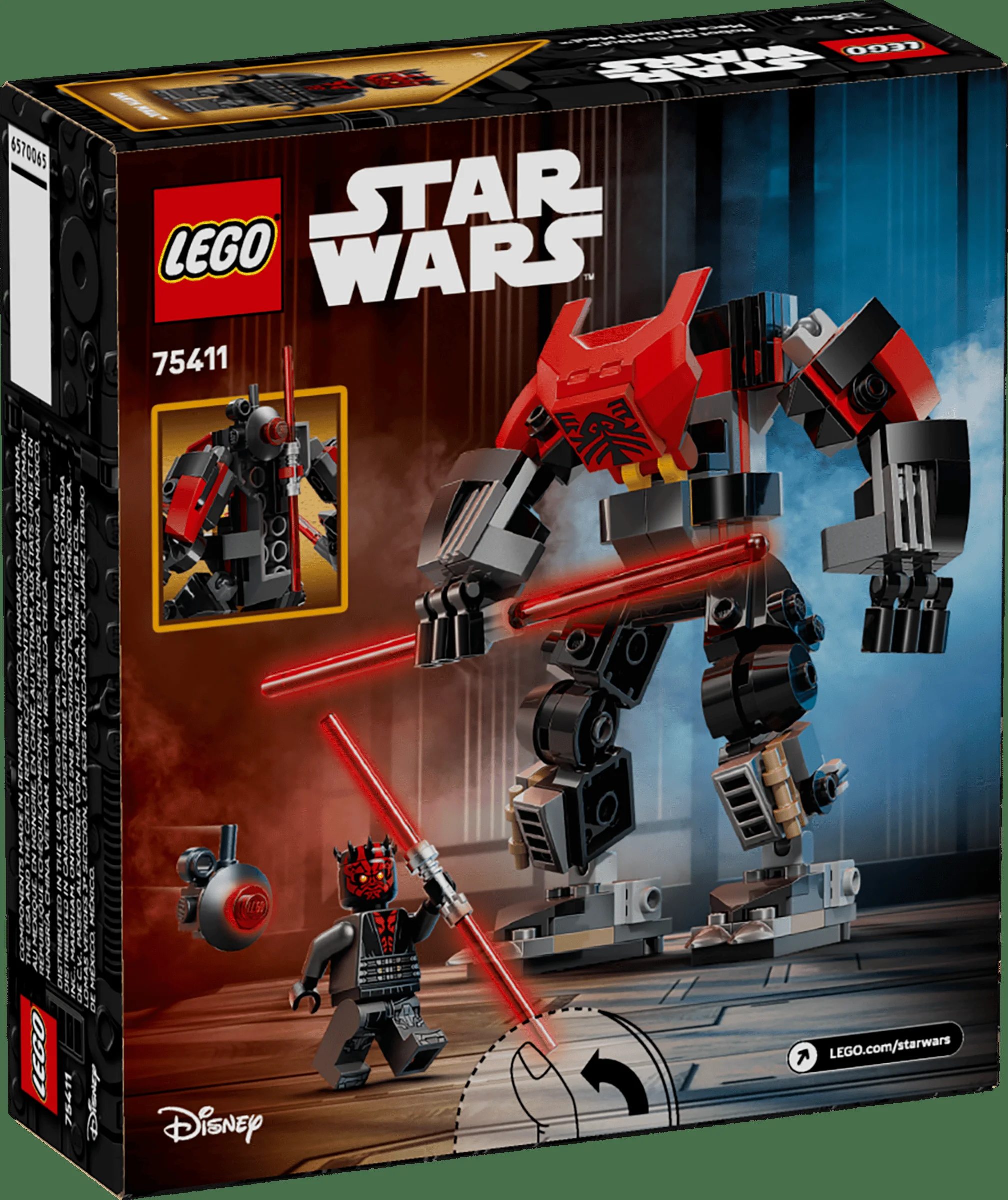 Cutia LEGO Star Wars 75411 Darth Maul Mech. Include minifigurina Darth Maul și mech-ul său.