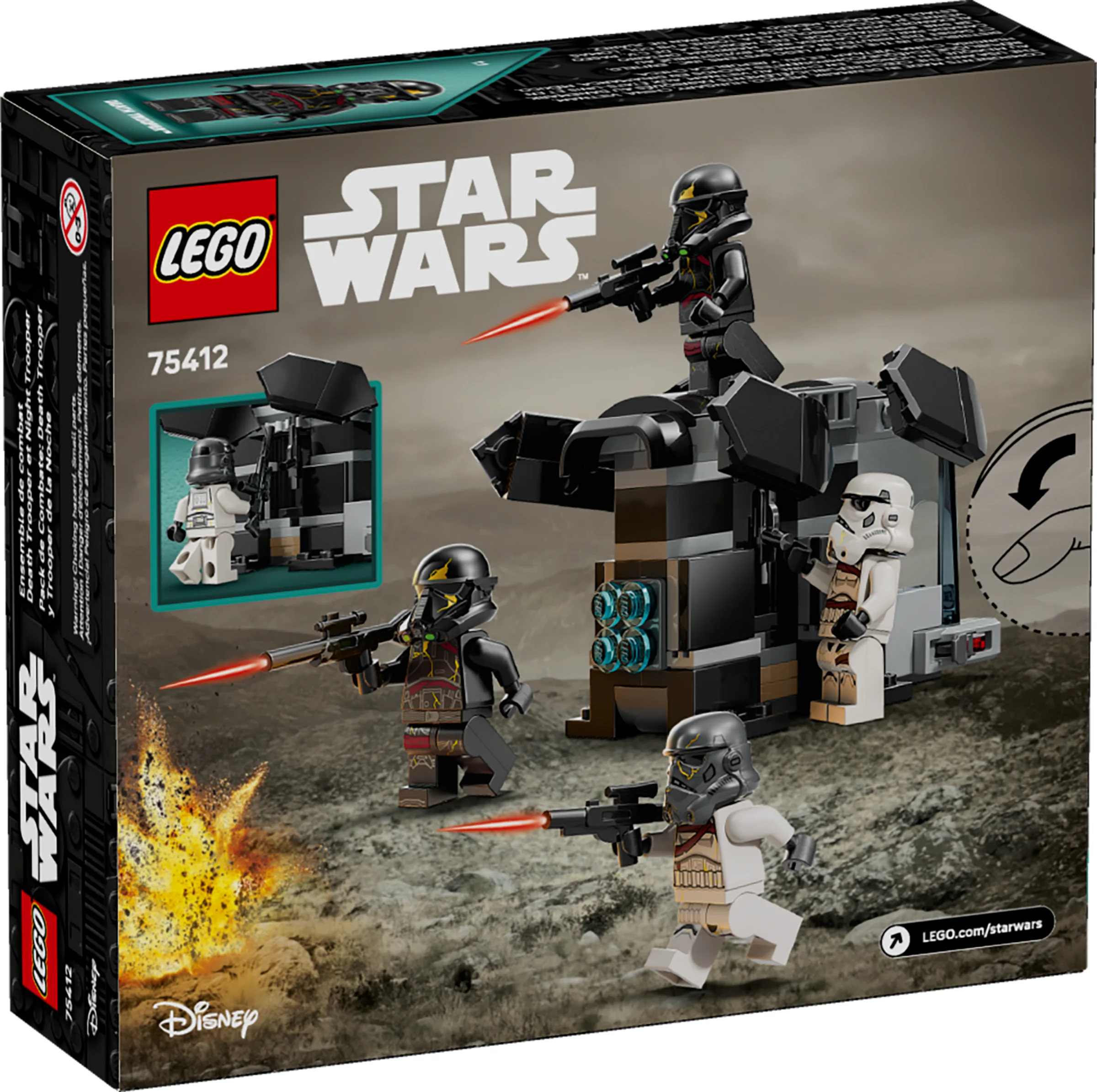 Cutie LEGO Star Wars 75412, cu minifigurine Death Trooper și Night Trooper. O scenă de luptă detaliată.