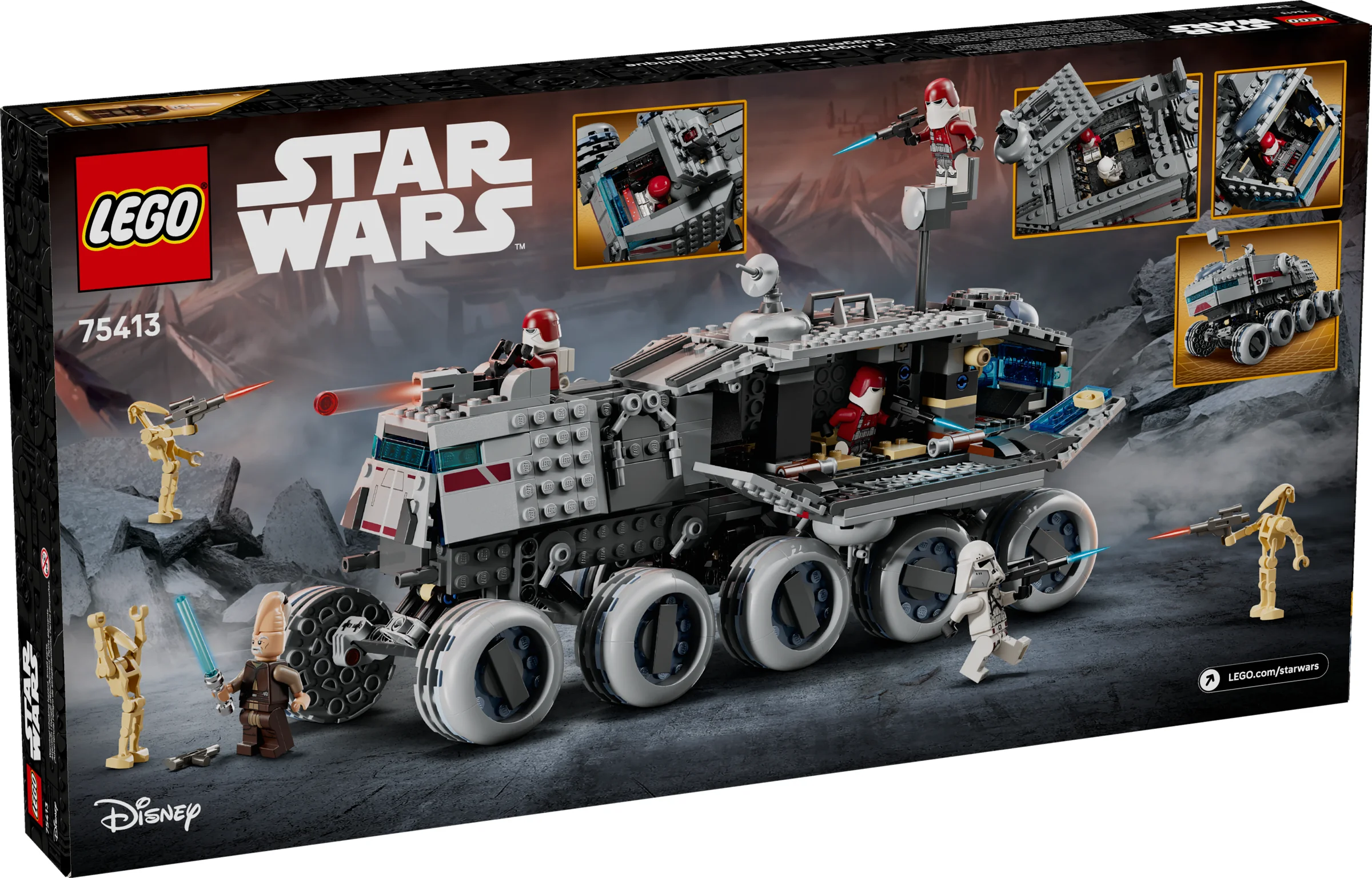 Cutia setului LEGO 75413 Republic Juggernaut, ilustrând modelul și minifigurinele incluse.