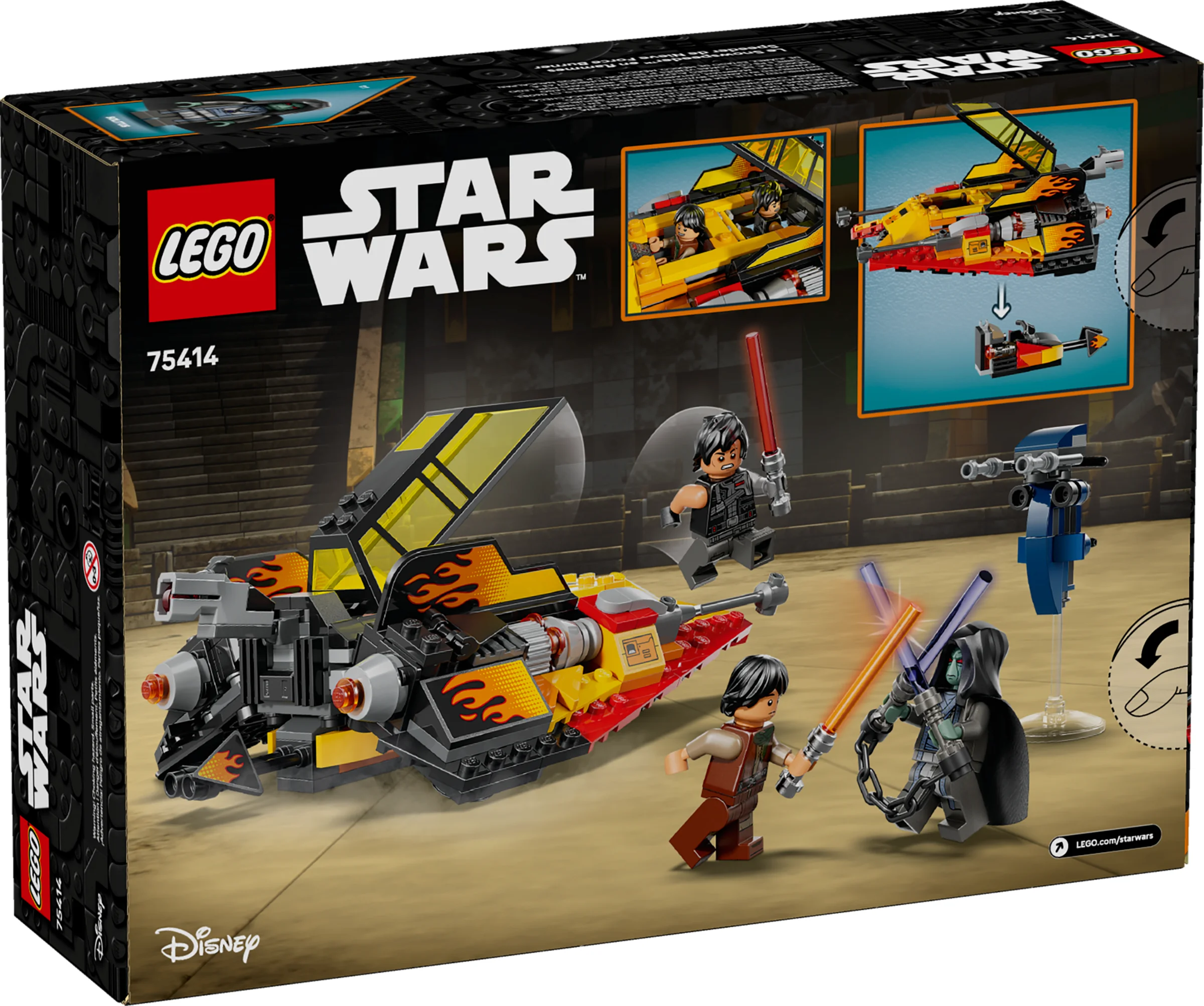 Cutia LEGO Star Wars 75414 prezintă Snowspeeder-ul Force Burner și minifigurinele incluse.