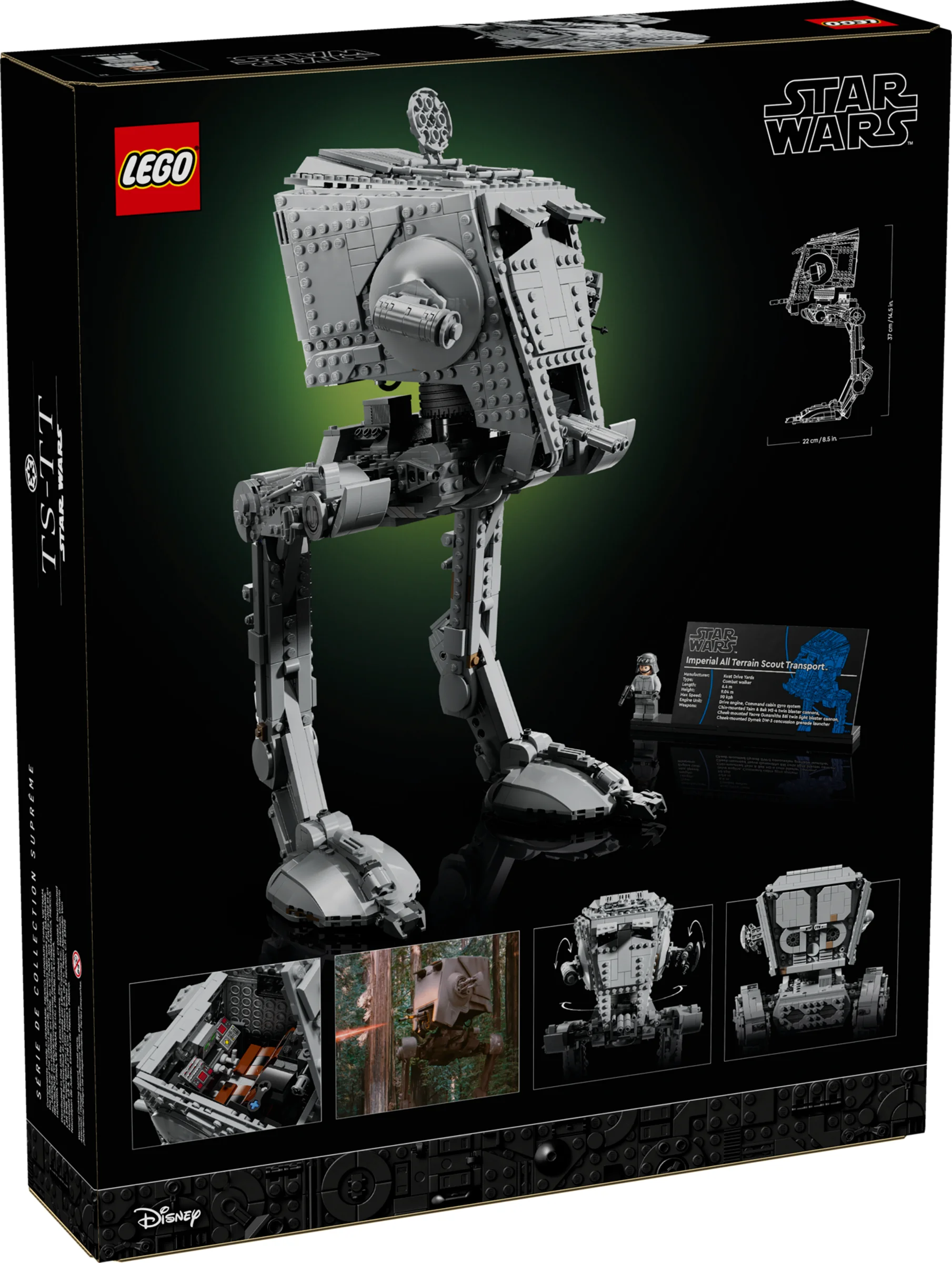 Cutia setului LEGO 75317 AT-ST, ilustrând modelul și detaliile sale. Vedere din spate.