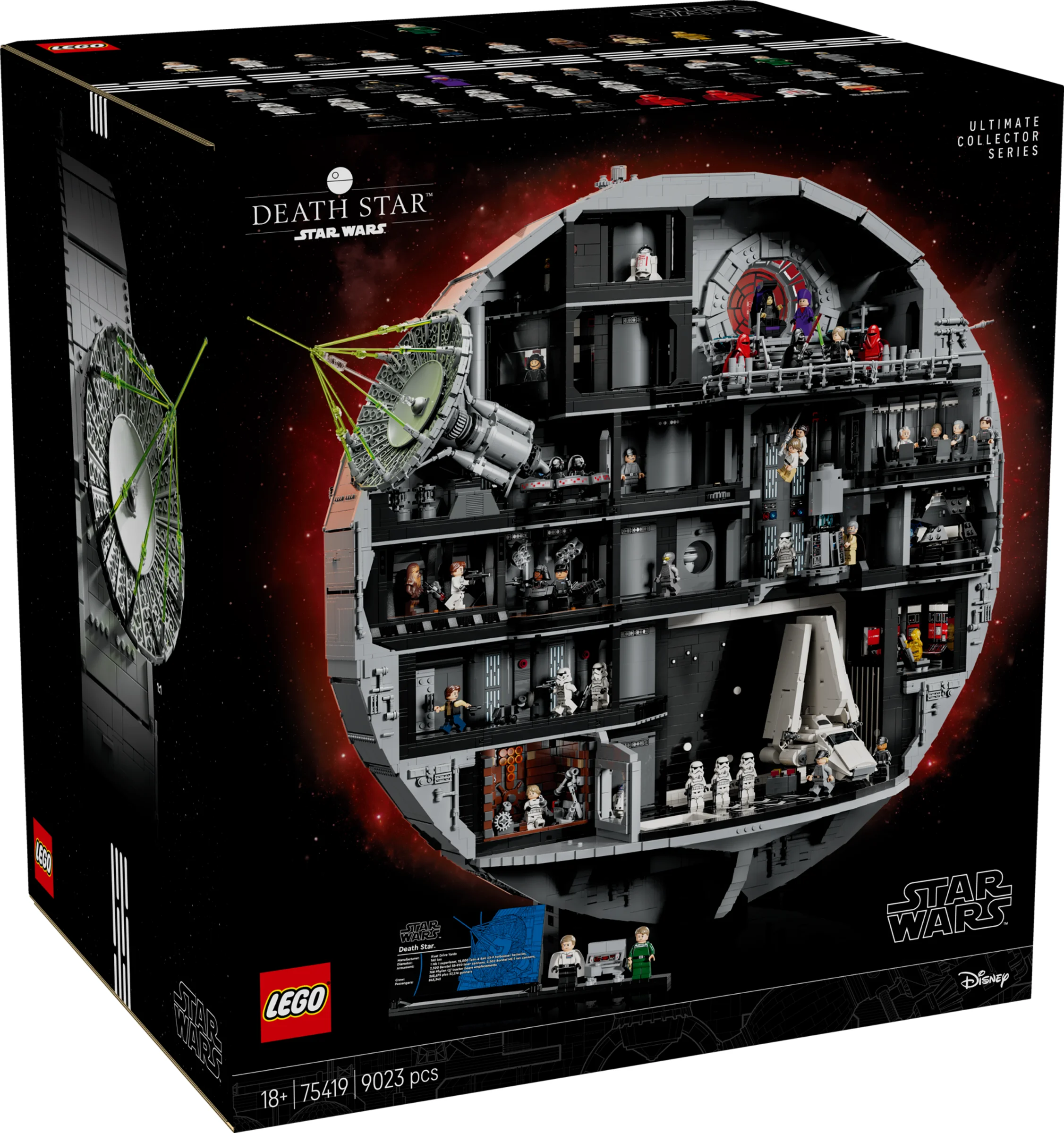 Cutia LEGO 75419 Death Star, cu modelul detaliat al stației spațiale și minifigurine diverse.