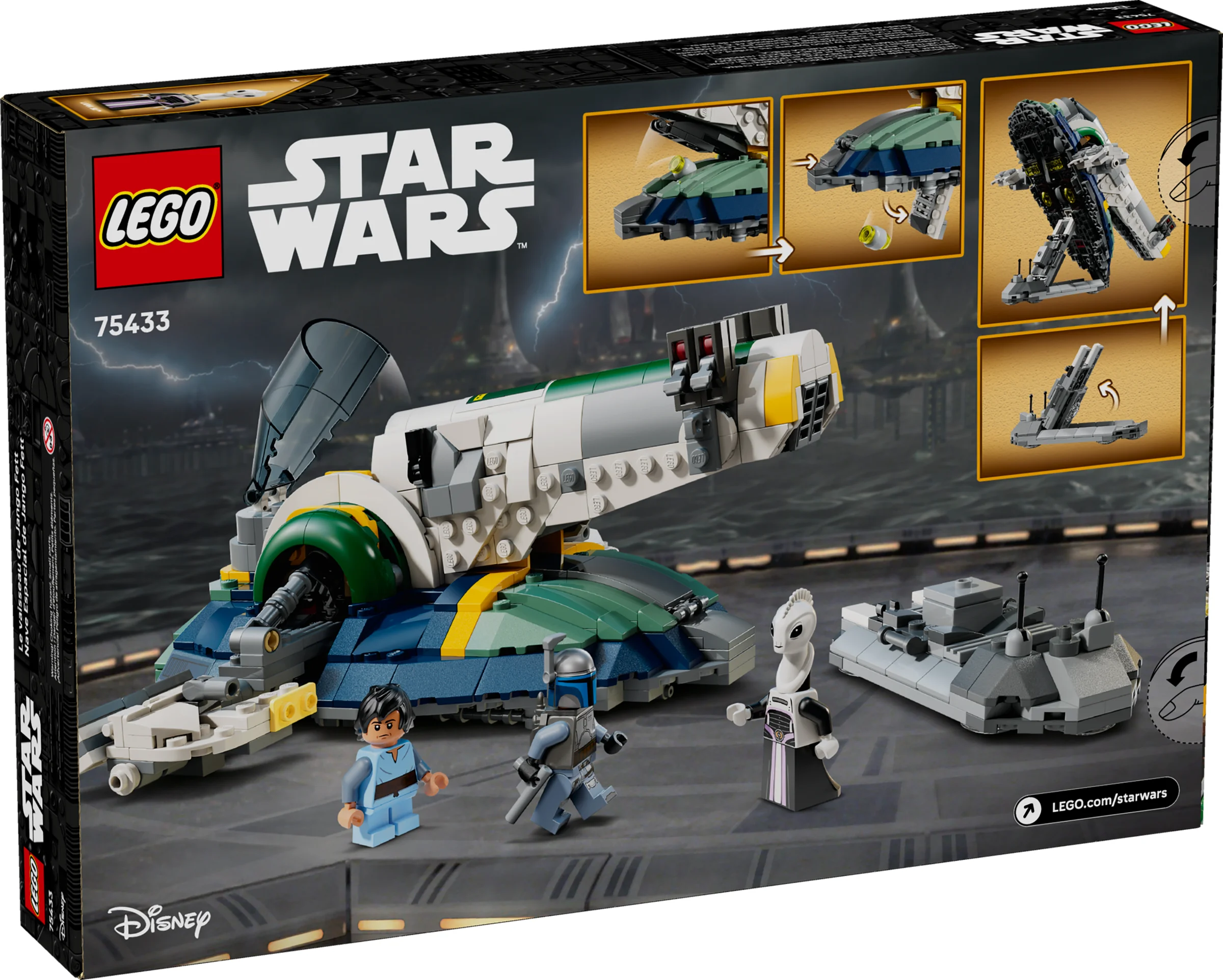 Cutia LEGO 75433 cu nava lui Jango Fett și minifigurinele aferente, detaliată.