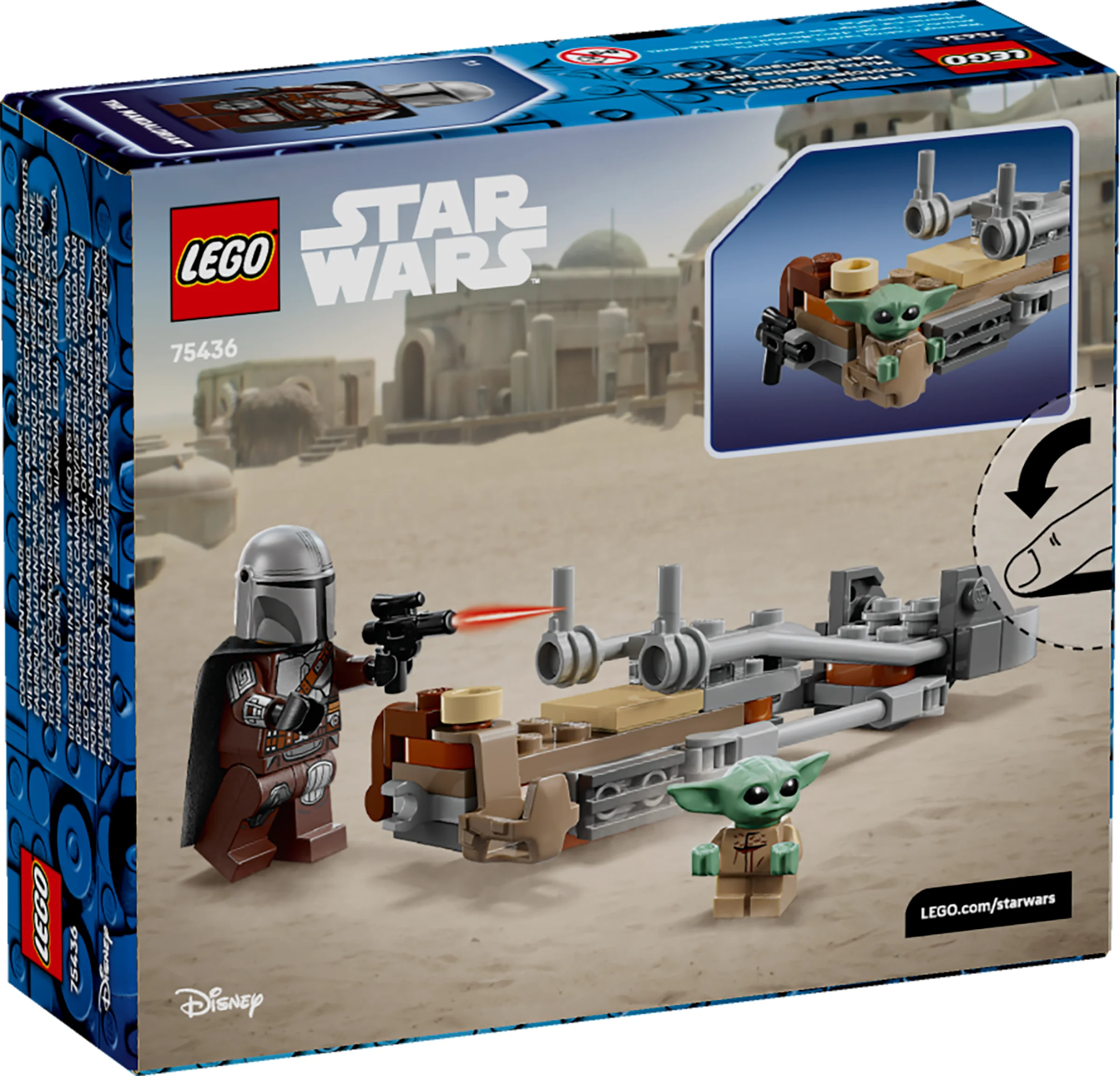 Cutia setului LEGO 75436, cu minifigurinele Mandalorian și Grogu pe o motocicletă speeder.