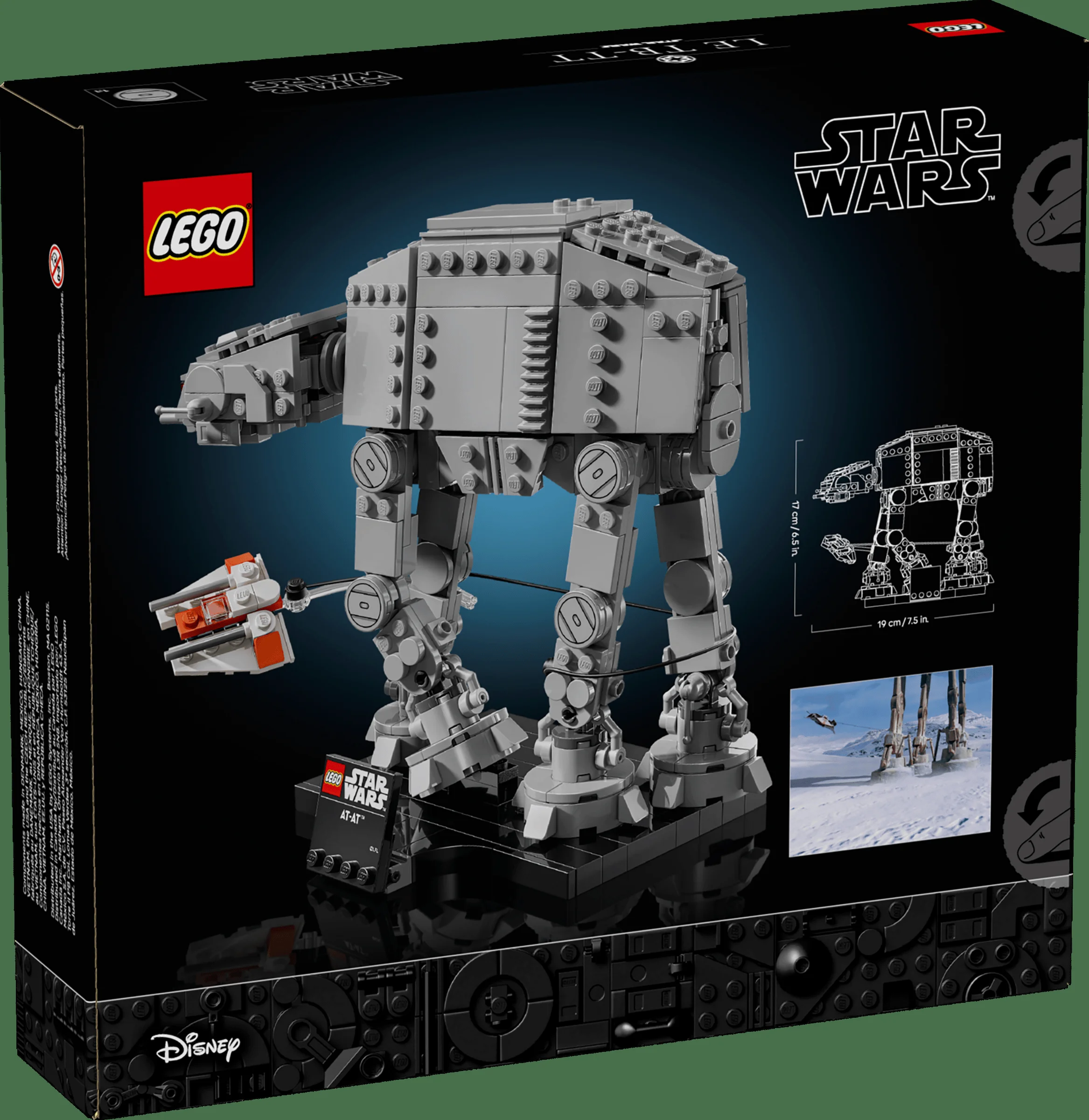 Cutia LEGO Star Wars 75440 AT-AT prezintă modelul, o scenă din film și dimensiunile.