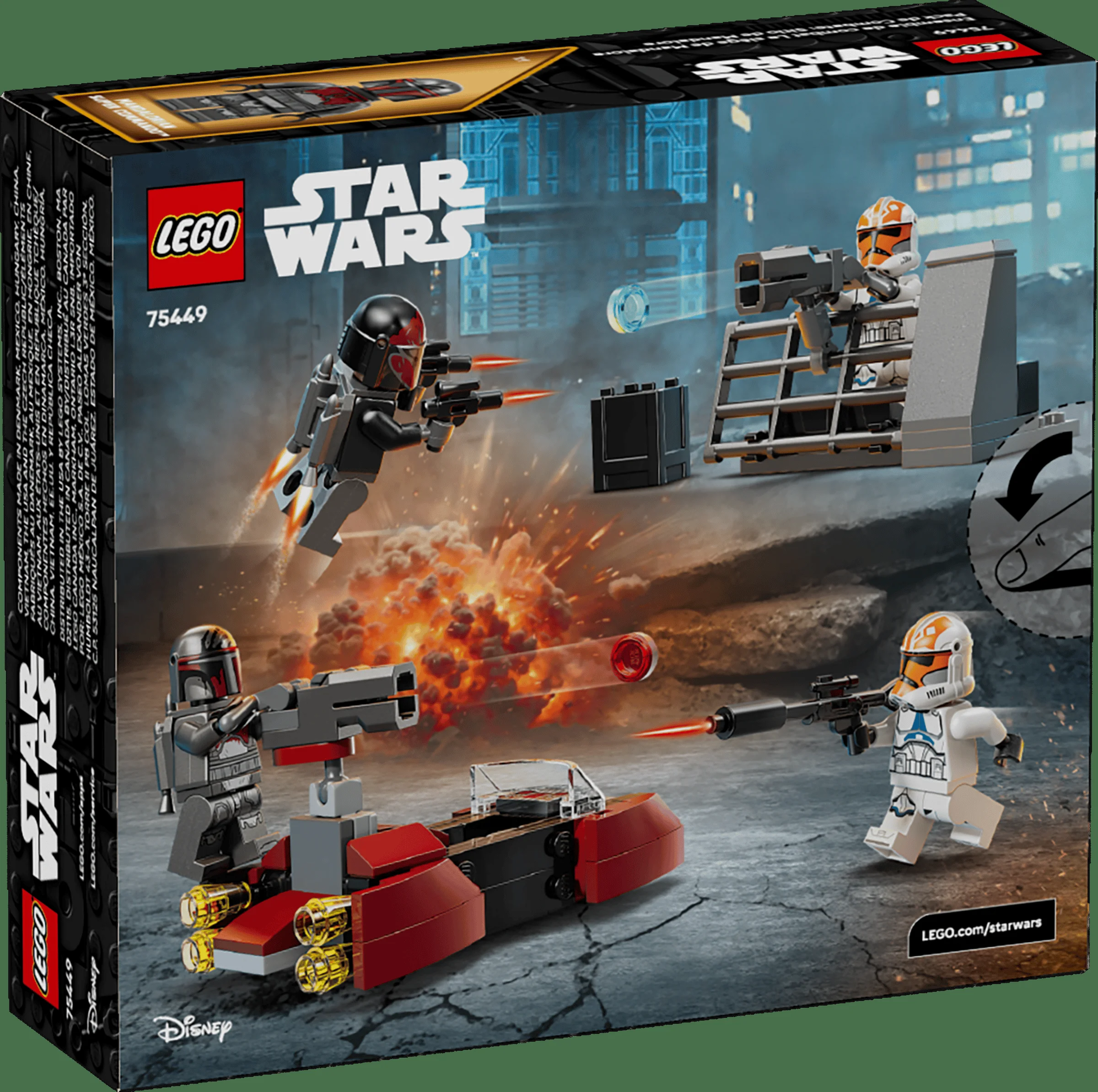 Cutie LEGO Star Wars 75449, cu minifigurine și elemente de decor din asediul Mandalorei.