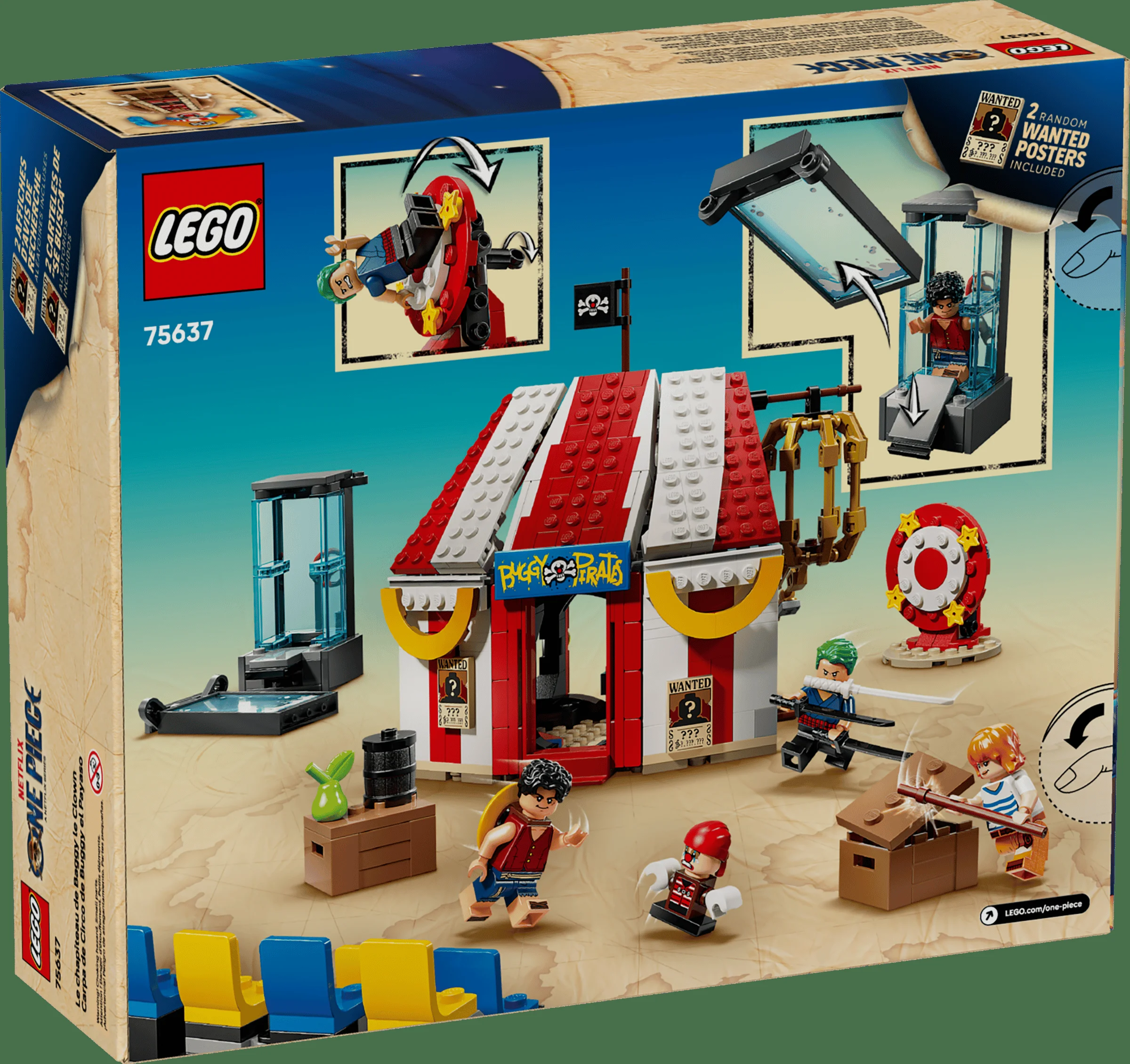 Imagine a cutiei LEGO 75637, cu scena circului lui Buggy și minifigurinele One Piece prezentate.