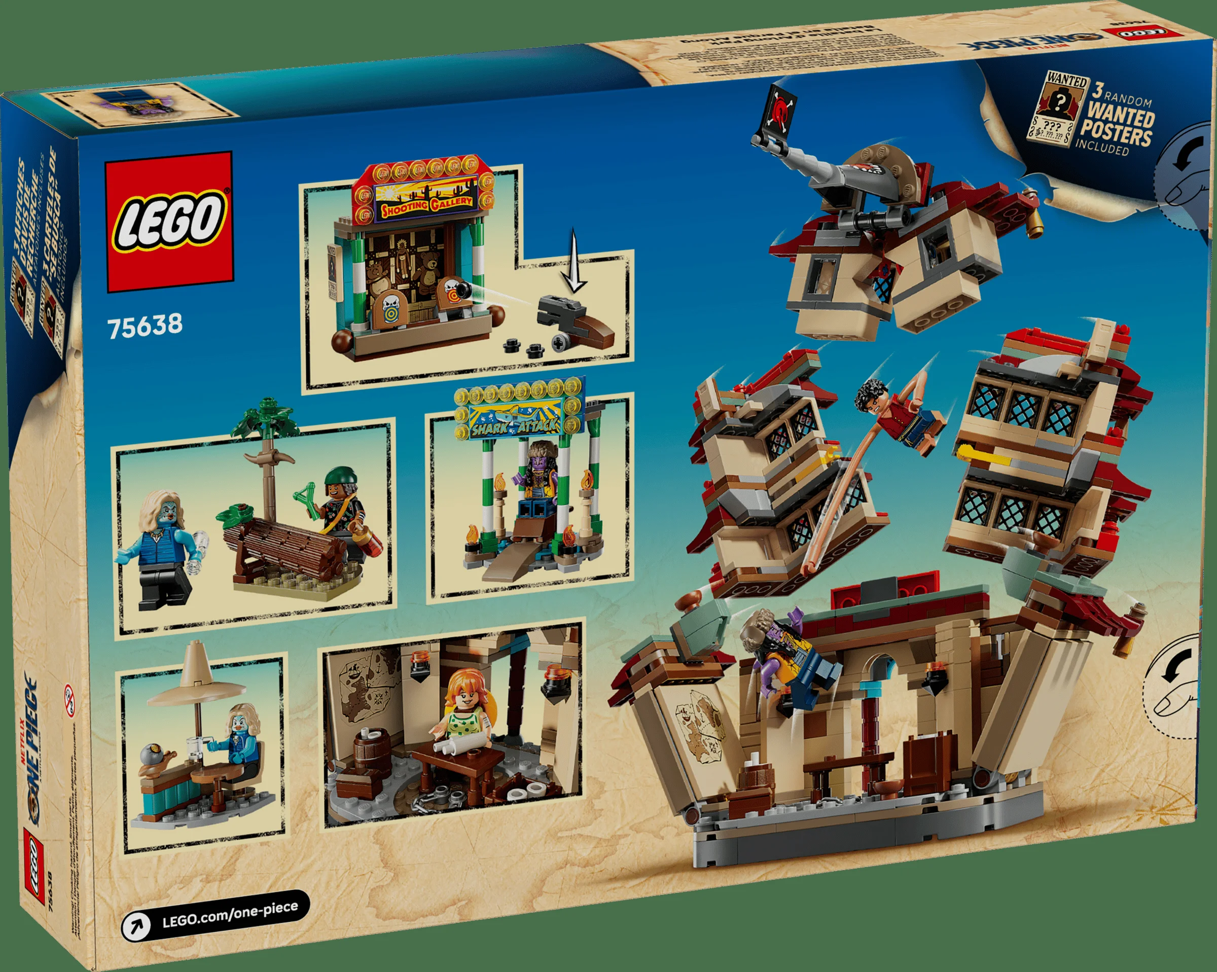 Spatele cutiei LEGO 75638: Bătălia de la Arlong Park cu diferite detalii ale setului.