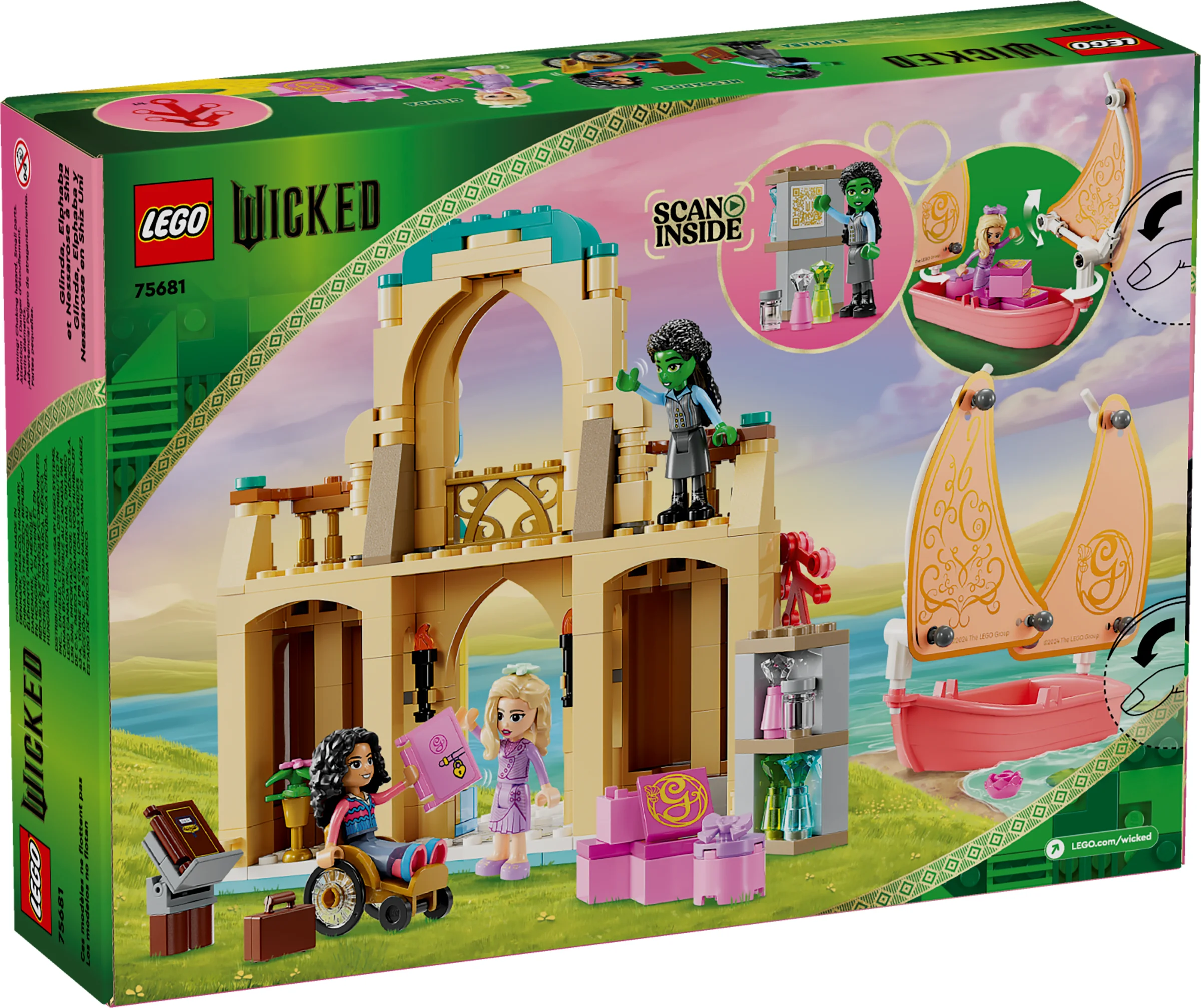 Cutia LEGO 75681 prezintă setul cu Glinda, Elphaba și Nessarose la Universitatea Shiz.