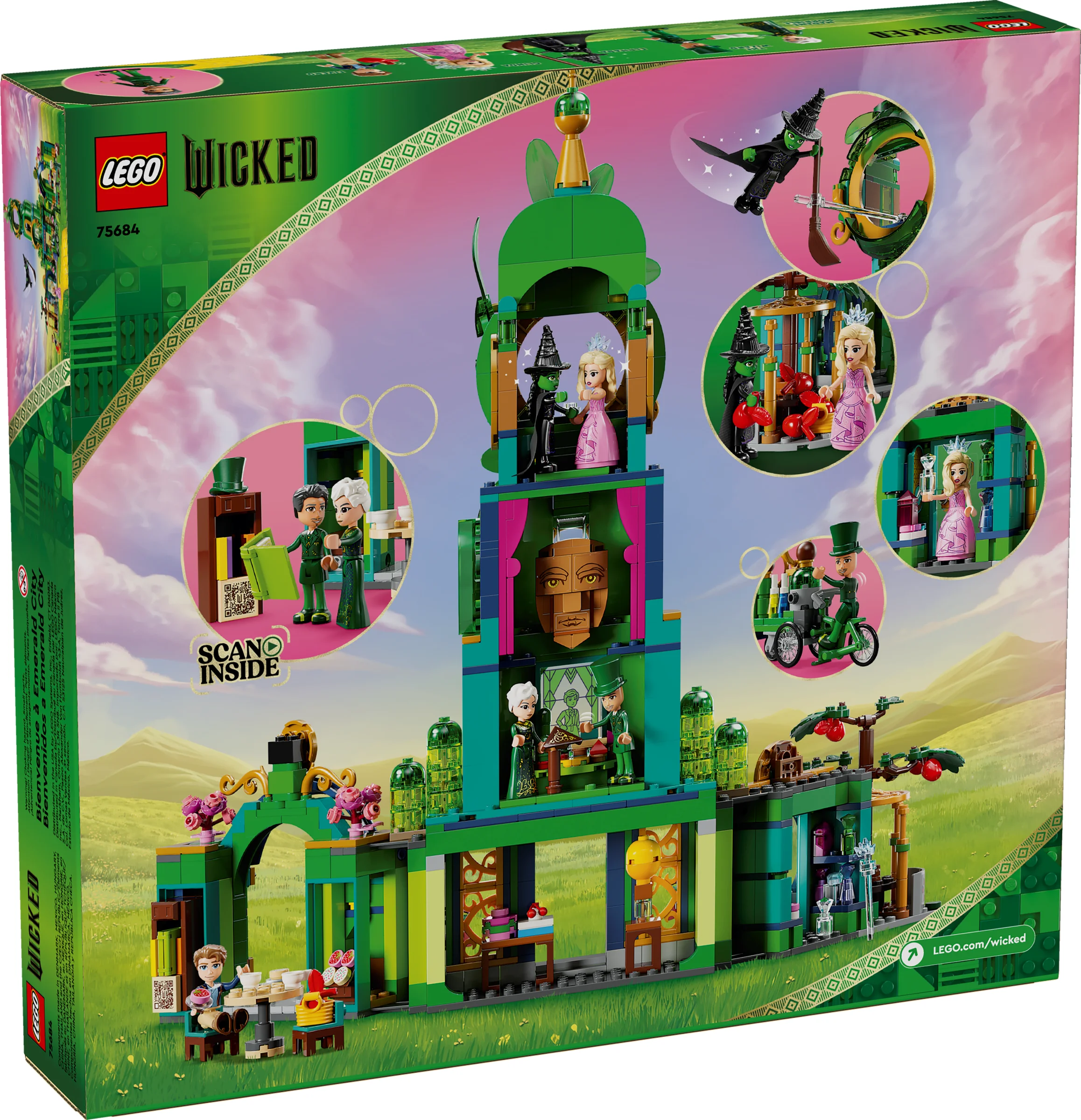 Cutie LEGO 75684 „Bun venit în Emerald City”, cu scene și figurine detaliate.
