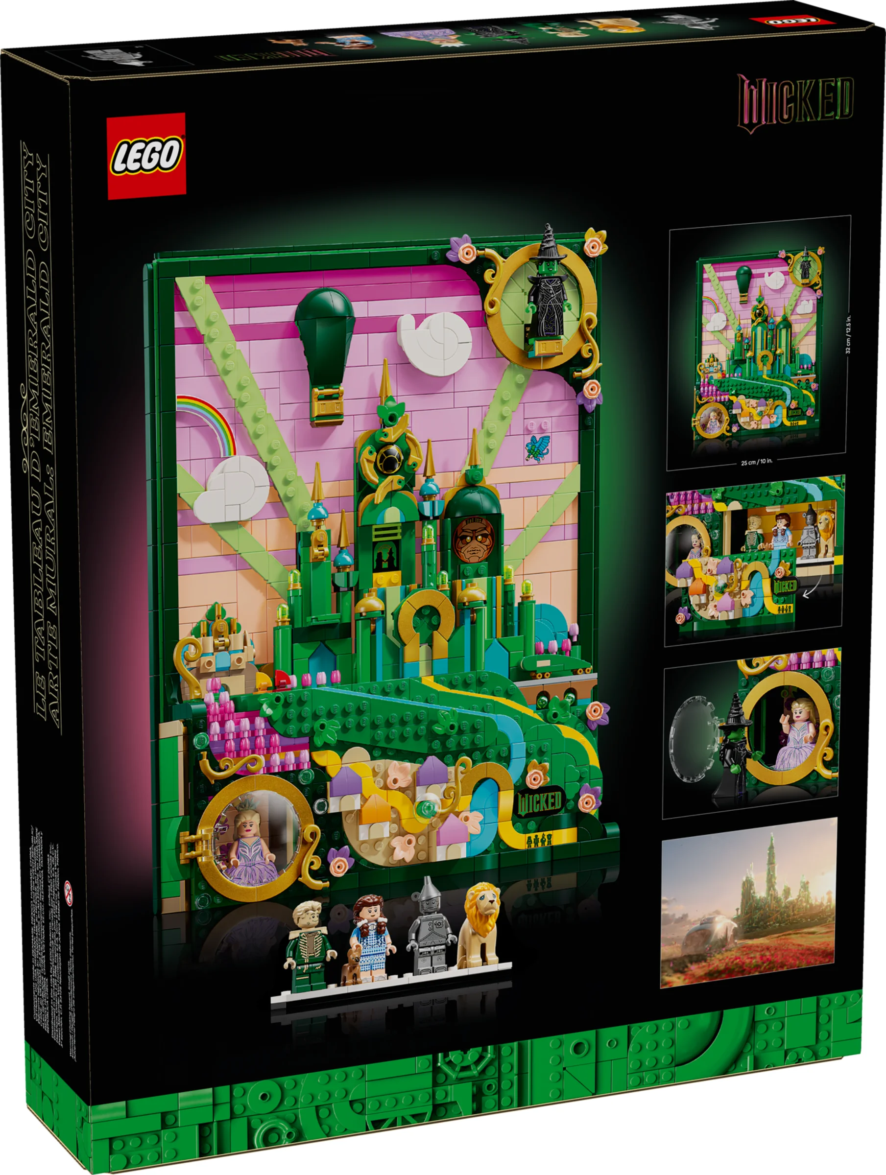 Cutia LEGO 75685, cu ilustrații detaliate ale Emerald City și minifigurine din Wicked.