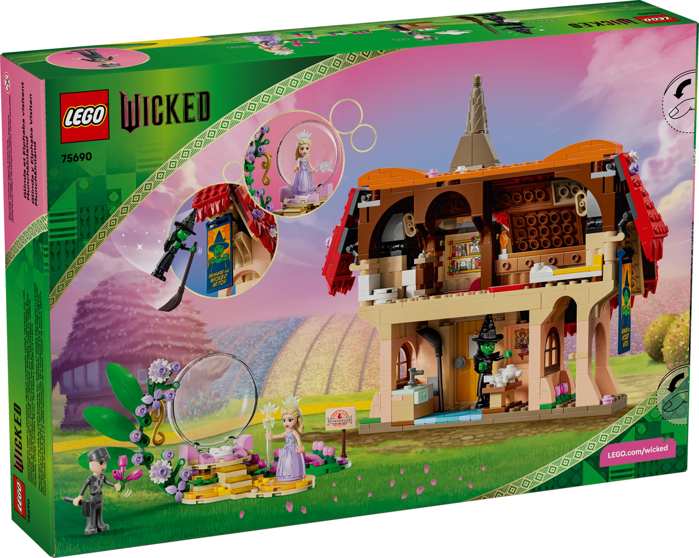 Cutie LEGO 75690, cu Glinda și Elphaba vizitând Munchkinland. Vedere din spate, cu detalii despre model.