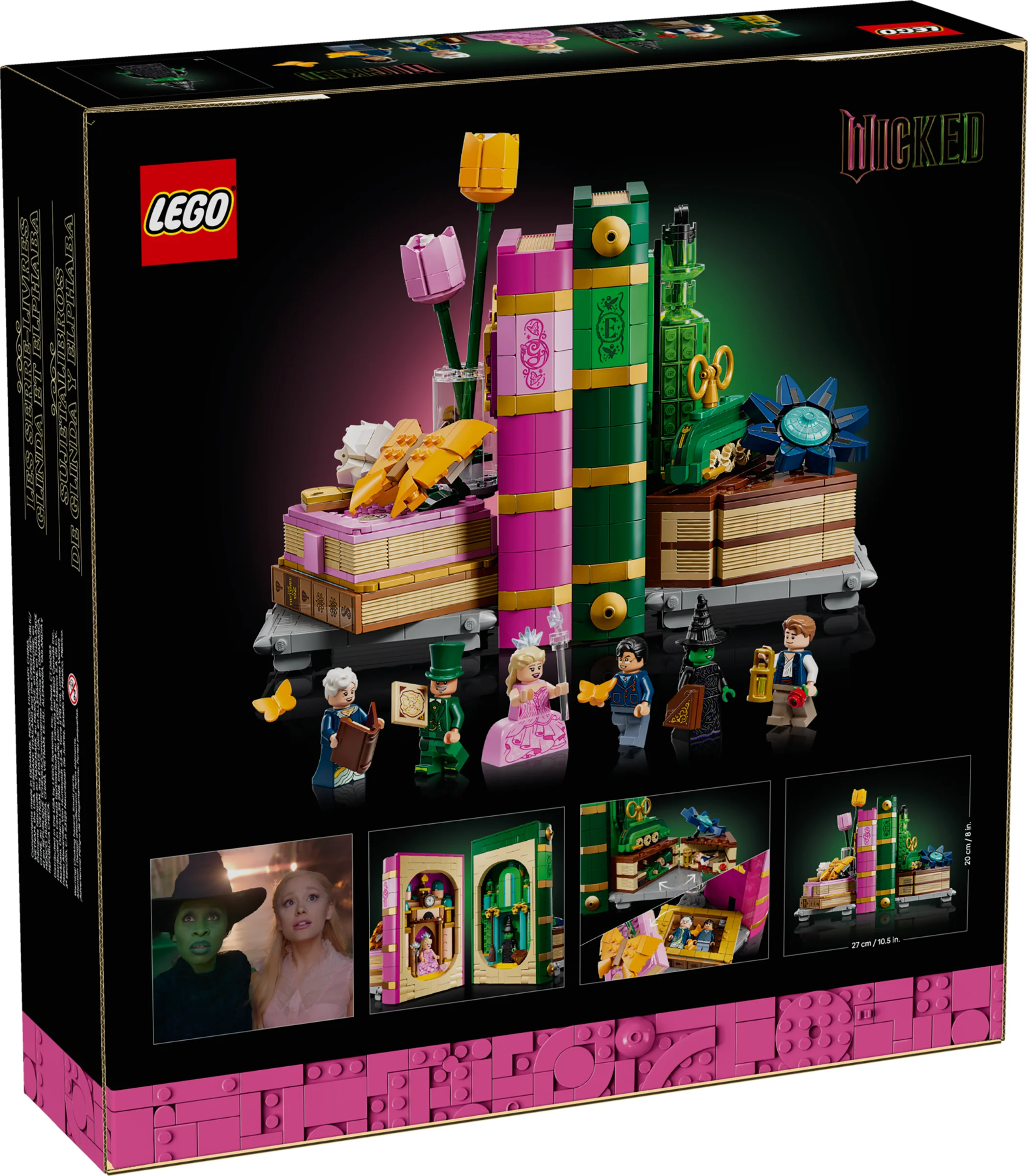 Cutia LEGO 75691 prezintă suporturile de cărți Glinda și Elphaba. Imaginea include modelul și minifigurinele.