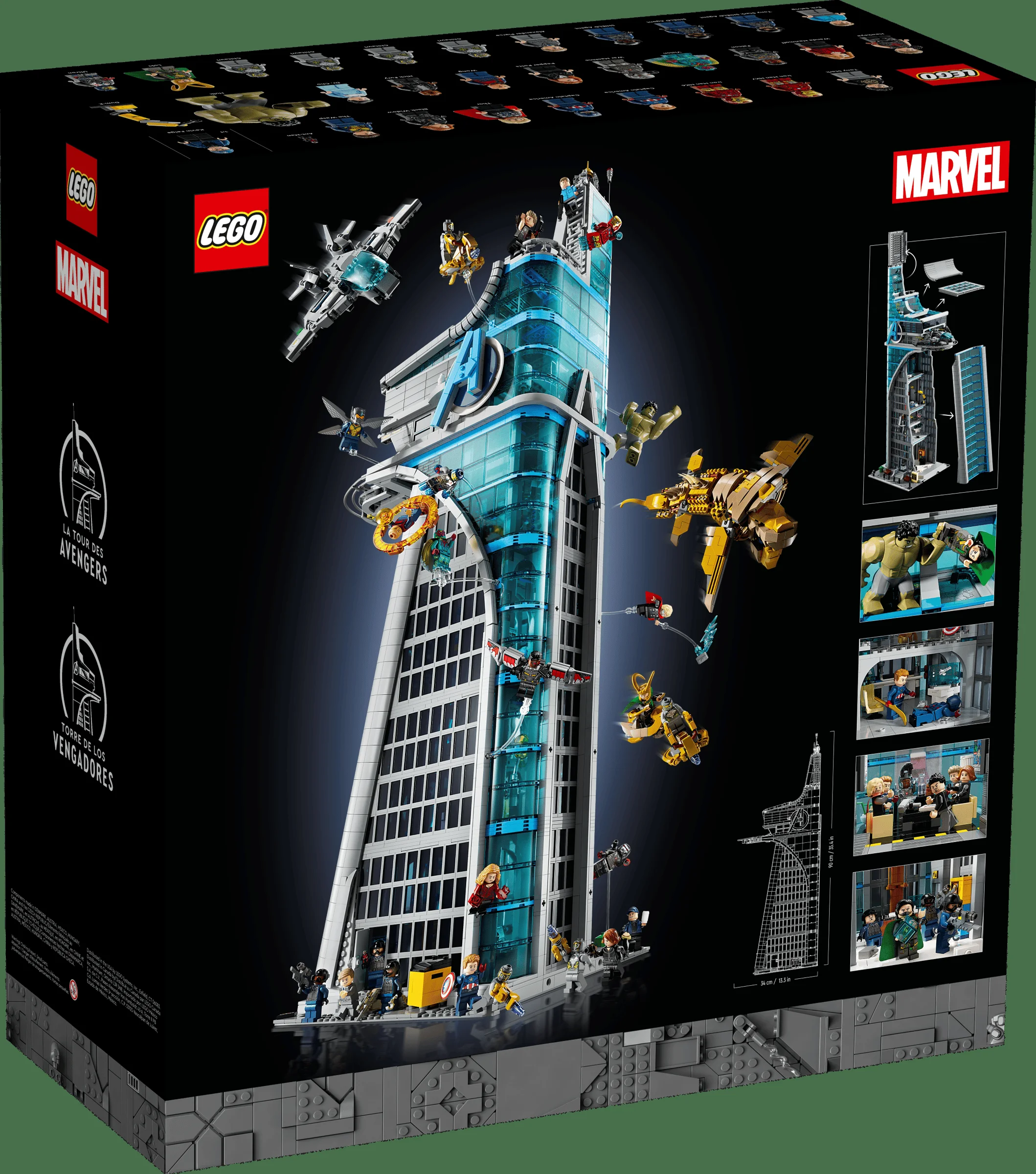 Cutia setului LEGO 76269 Avengers Tower, cu modelul construit și minifigurinele expuse.