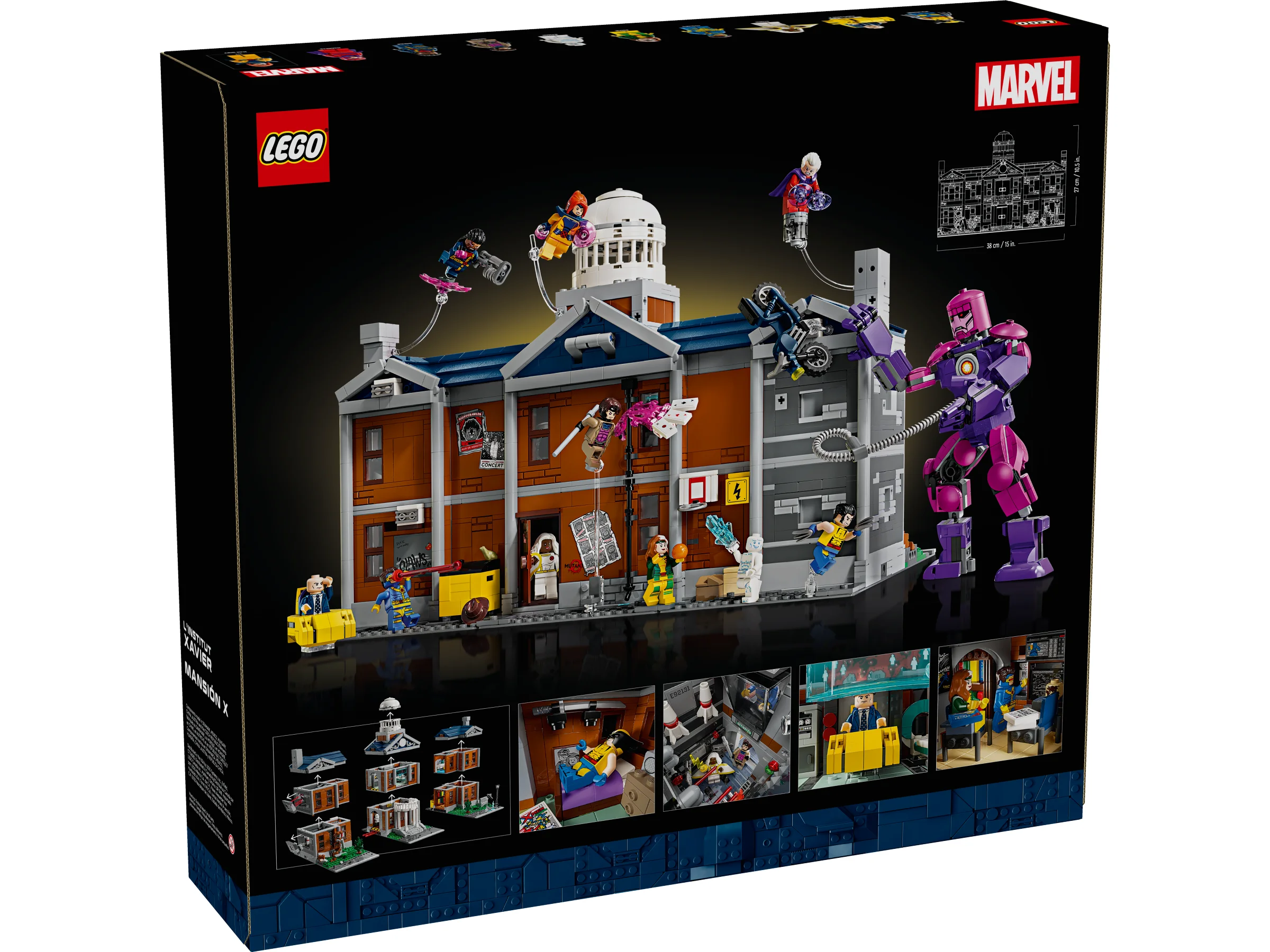 Cutia LEGO 76294 prezintă X-Mansion cu minifigurine și o scenă din universul X-Men.