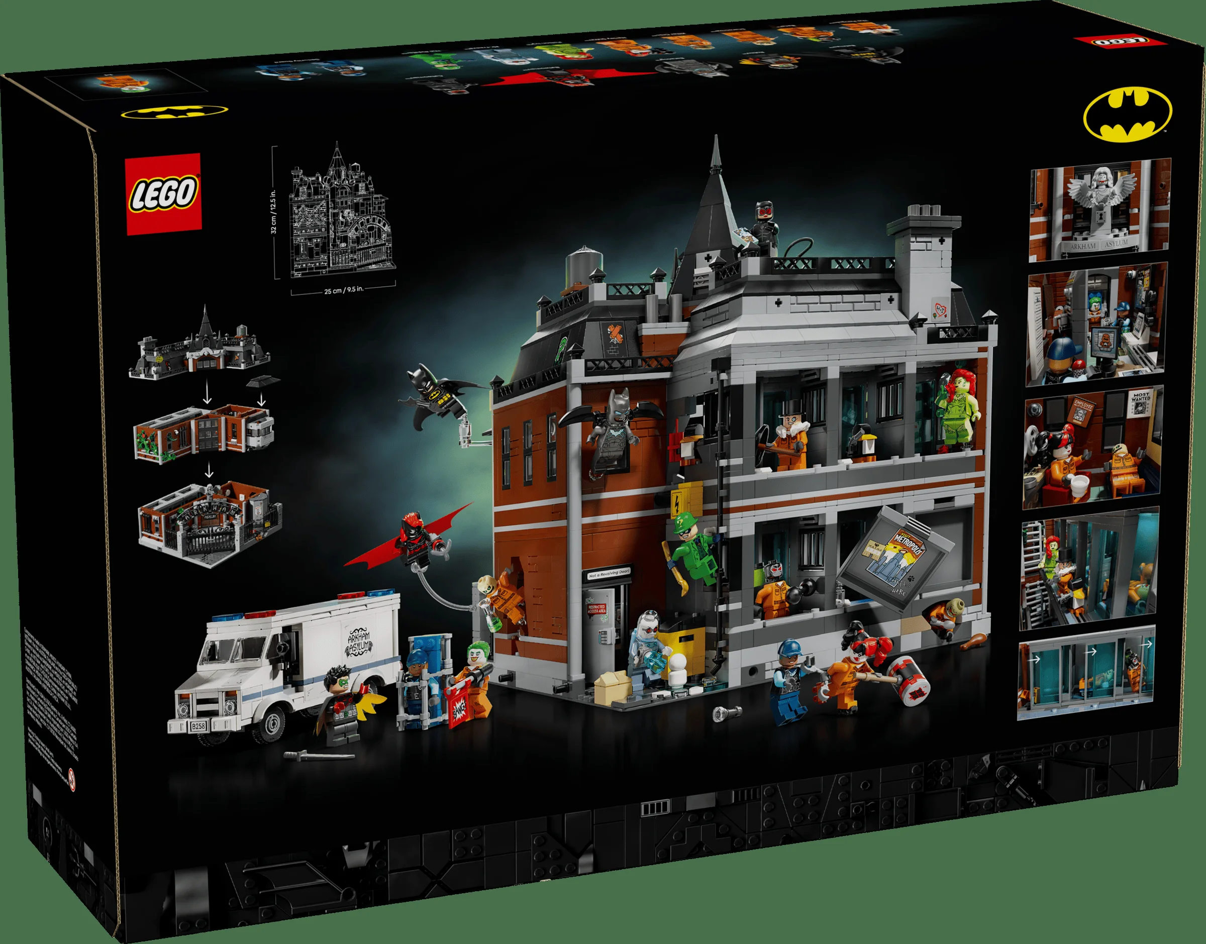 Spatele cutiei setului LEGO 76300 Arkham Asylum, prezentând modelul și diverse detalii ale construcției.