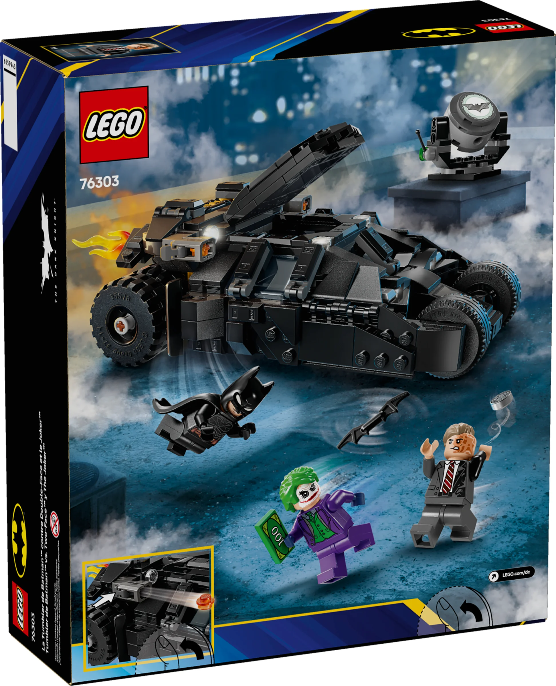 Cutie LEGO 76303 Batman, cu Tumbler, Batman, Joker și Two-Face. Scenă de acțiune.