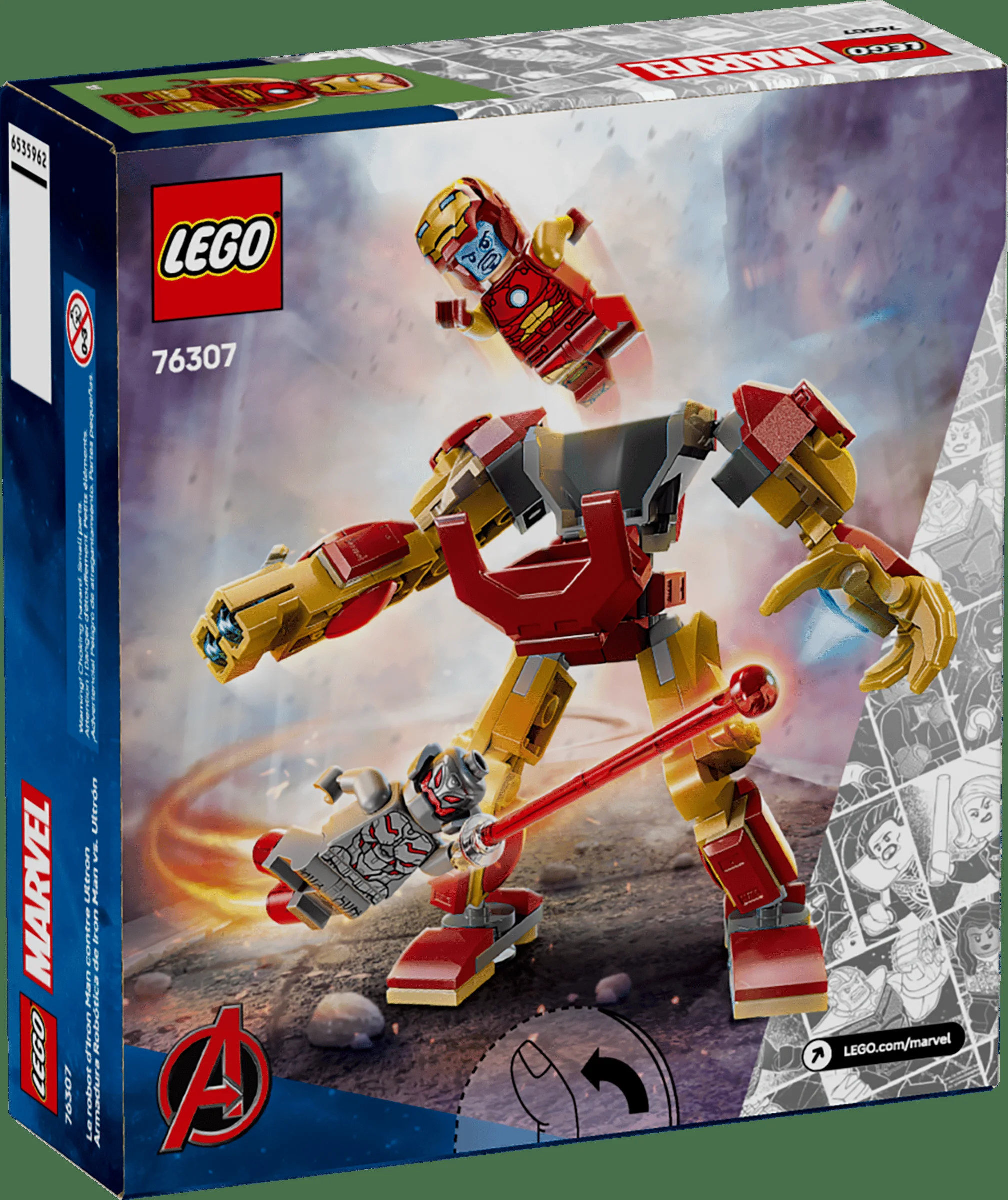 Cutia setului LEGO 76307, Iron Man Mech contra Ultron. Modelul e în acțiune, un duel intens.